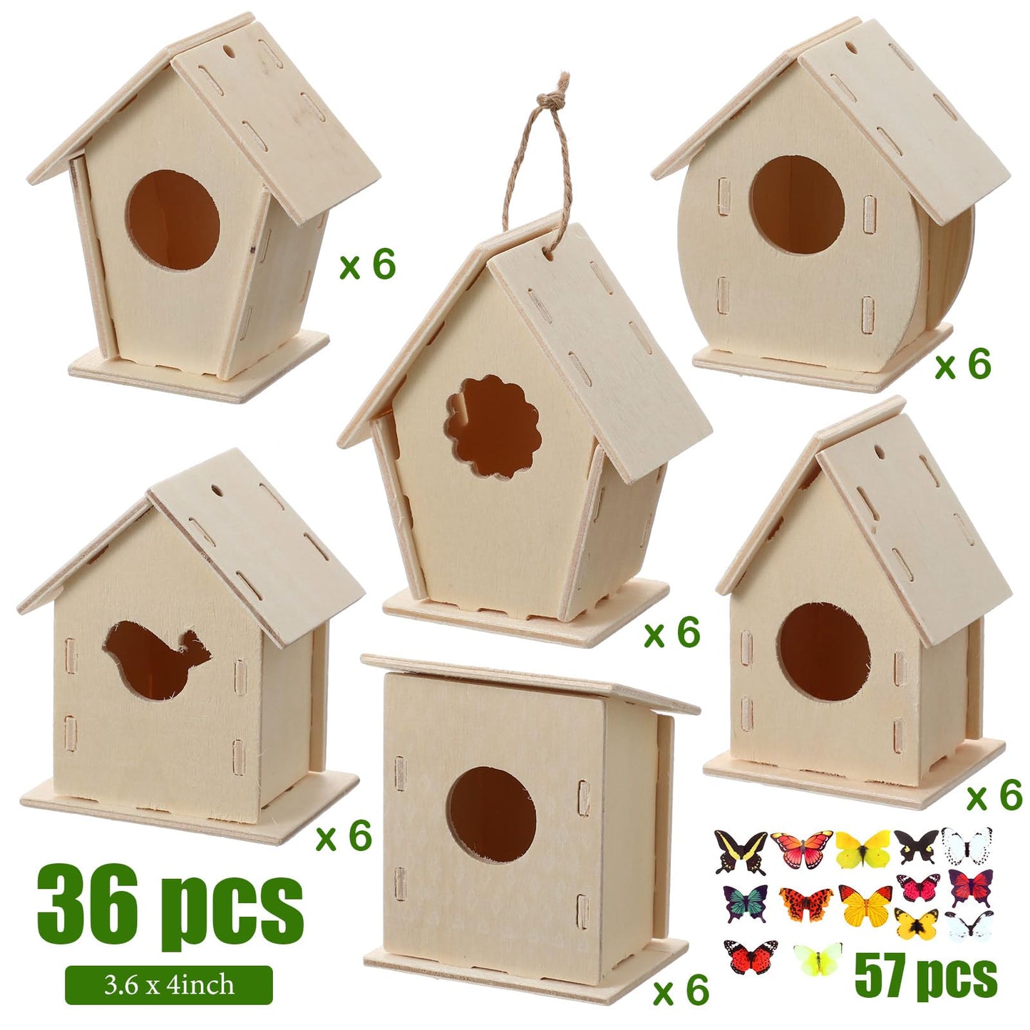 Sawysine 93 Pcs DIY Birdhouse Kits for Kids to Build, 36 Wooden Bird House 6 Shapes and 57 Butterfly Sticker for Children Summer Craft Activity Art Project DIY(Multiple Entrance)