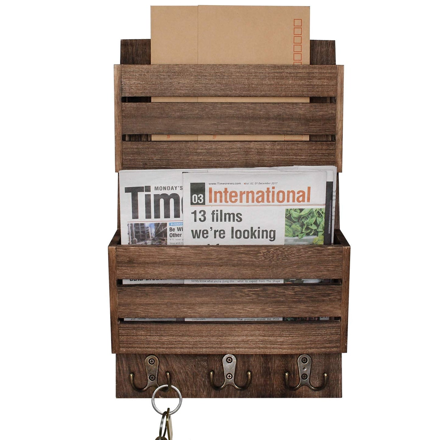 Unistyle Mail Organizer with 4 Hooks, Rustic Brown Wall Mount, Cedar Wood Key Holder for Letters, Magazines, Keys, Dog Leashes
