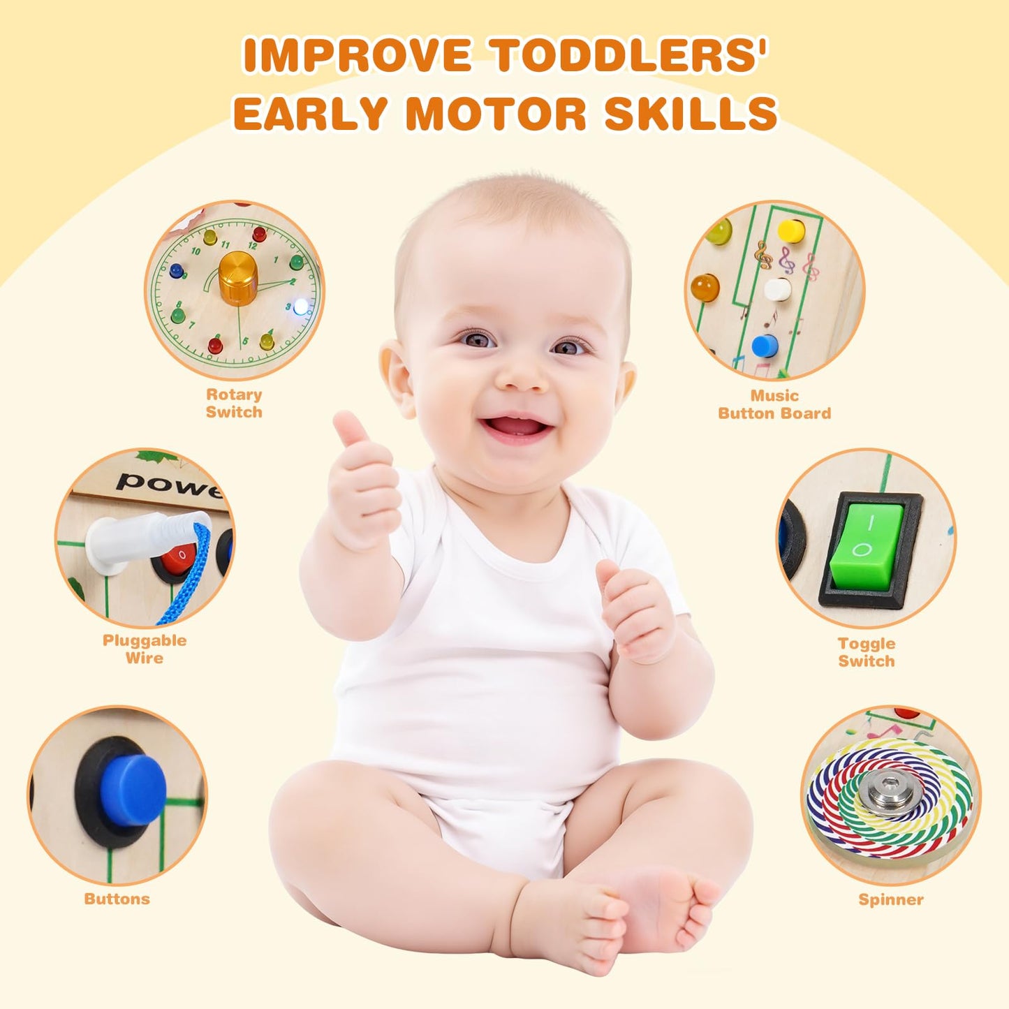 TNYI Montessori Wooden Busy Board with LED Light Up Switches & Music and Spinning Top, Toddler Sensory Educational Fidget Board, for 1+ Year Old Baby and Toddler