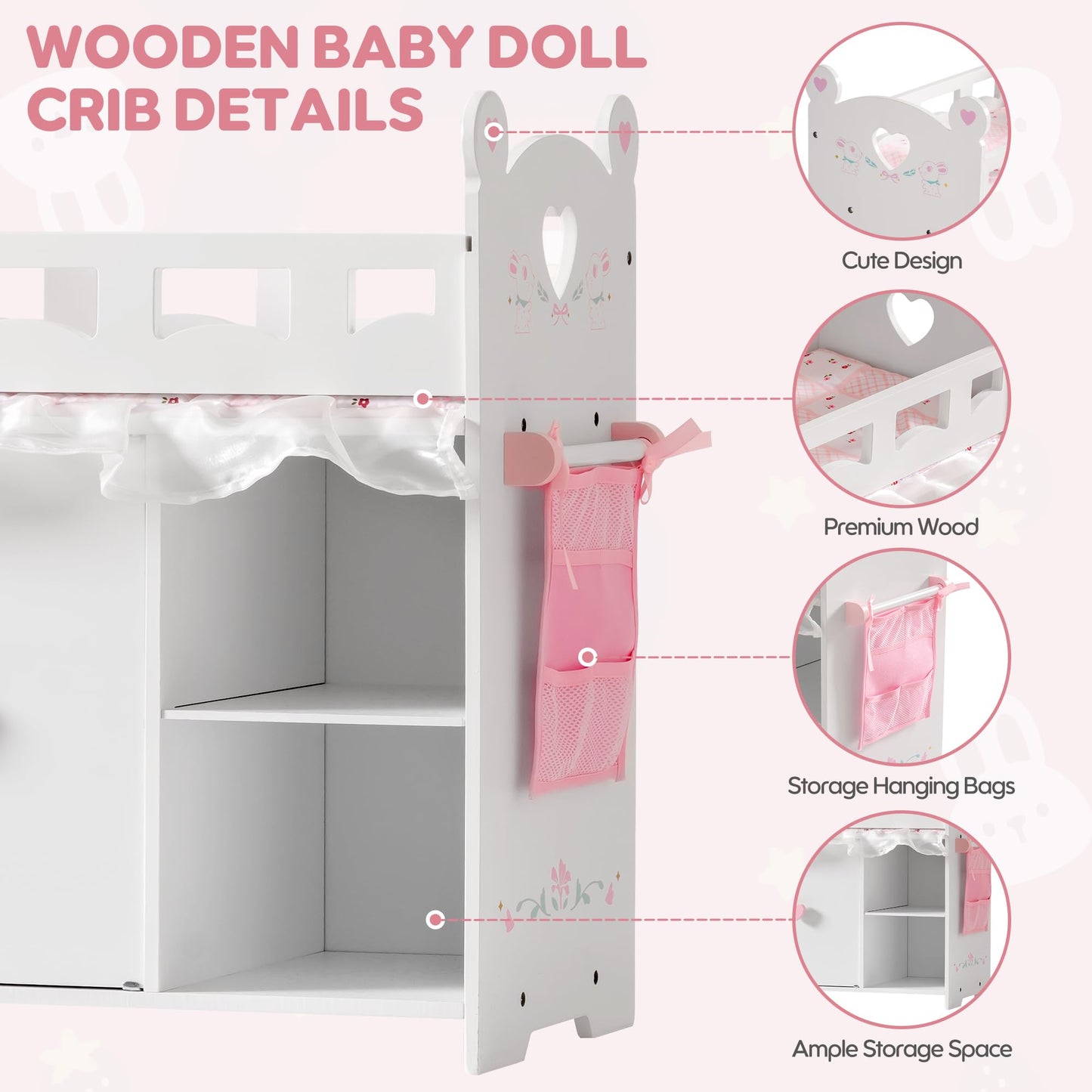 ROBOTIME Baby Doll Crib – Wooden Baby Doll Changing Table with Storage – Bedding & Hooks, Fits 18-21" Dolls, Doll Bed Playset for Girls Ages 3+