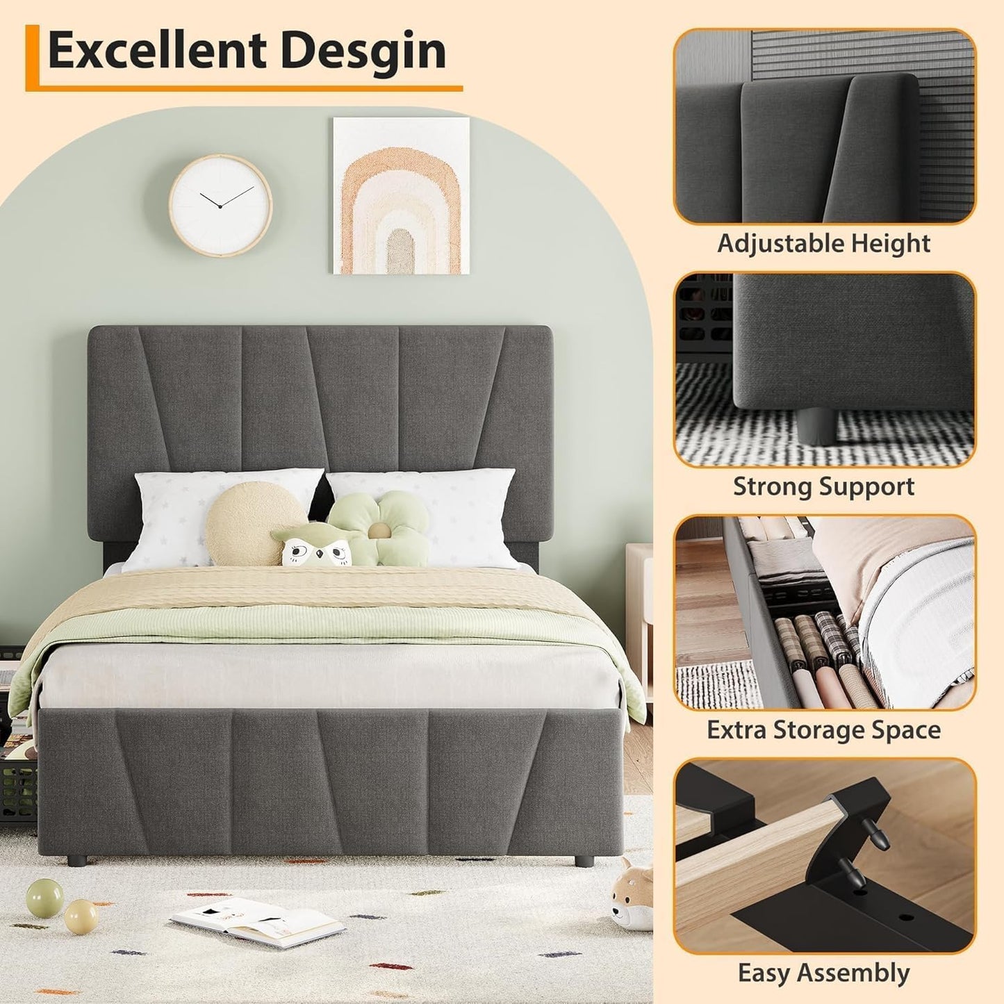 Garvee Bed Frame with Adjustable Headboard & Storage Drawers with Wheels, Upholstered Platform Bed, Wooden Slat Support, No Box Spring Needed, Noise-Free