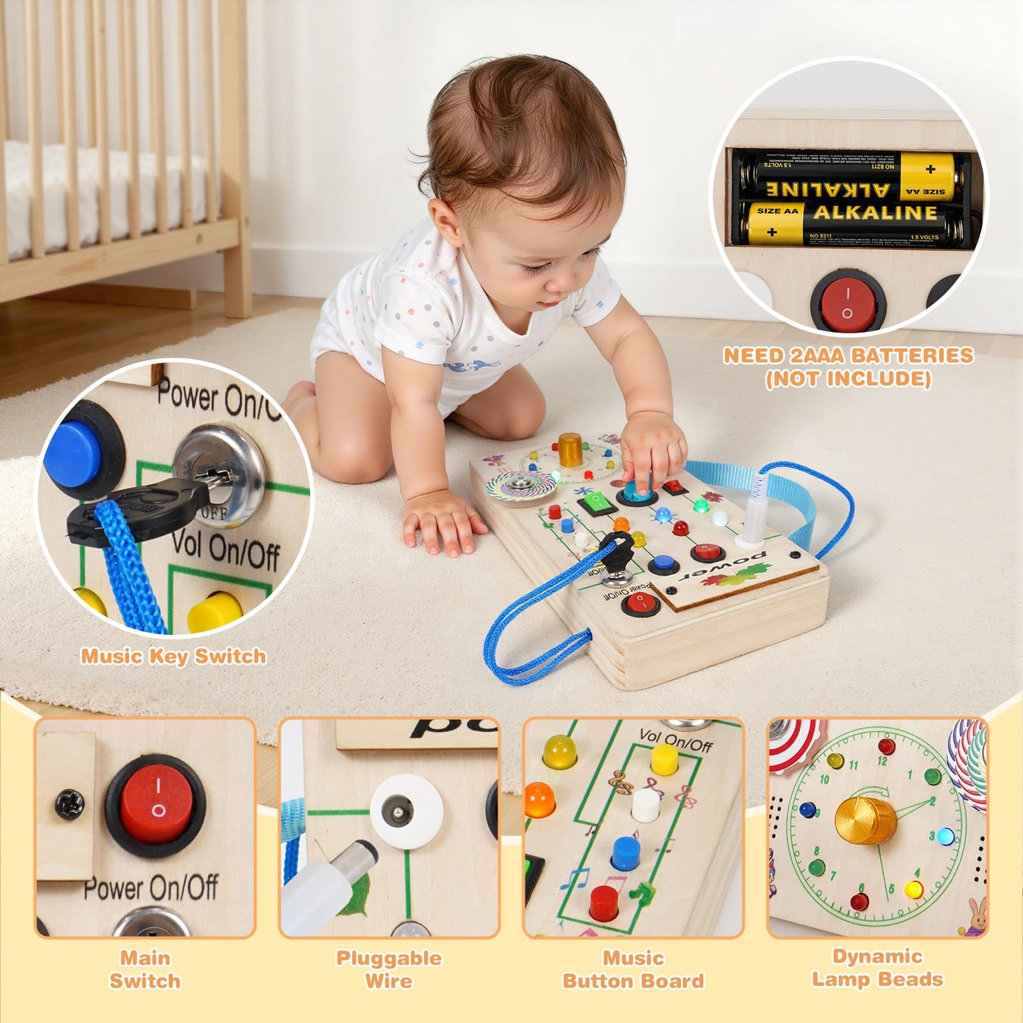 TNYI Montessori Wooden Busy Board with LED Light Up Switches & Music and Spinning Top, Toddler Sensory Educational Fidget Board, for 1+ Year Old Baby and Toddler