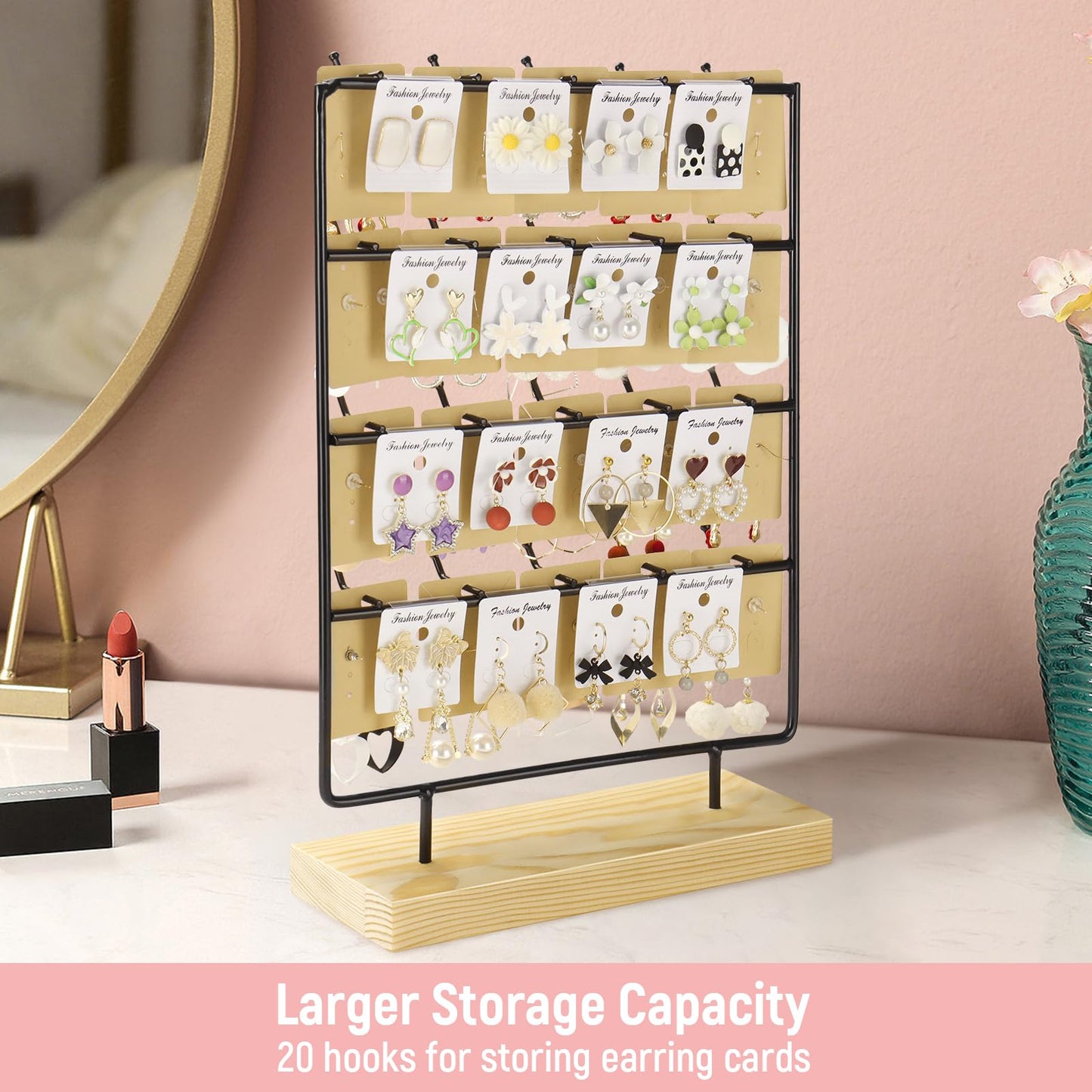 RUINENGDA Earring Display Stands for Selling 4 Tier 20 Hooks Jewelry Display Wooden Base Earring Holder Organizer Display Stand for Earings Necklaces Rings Bracelets Keychains (Black)