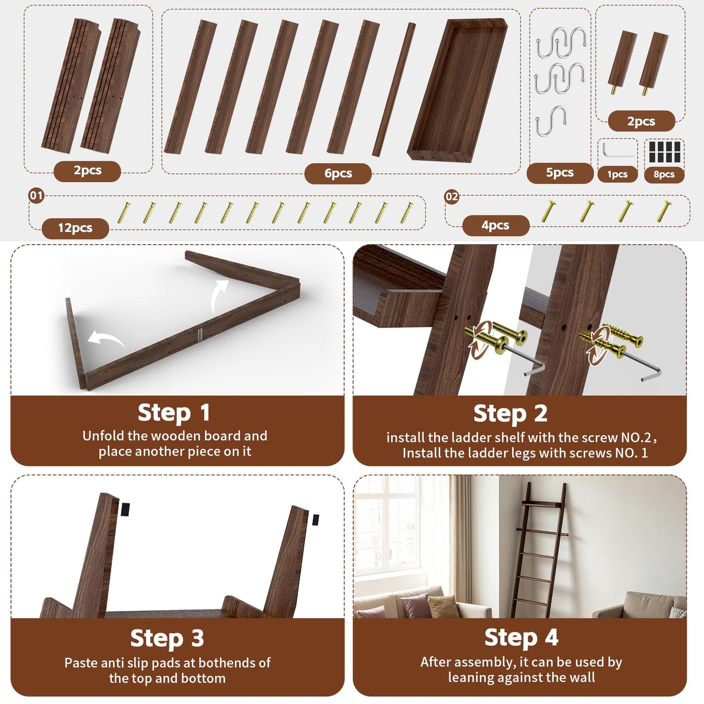 Chilinii Farmhouse Wooden Blanket Ladder with Shelf,6-Tier Rustic Quilt Towel Rack Decorative Holder Wall Leaning Storage with Removable Hooks for Home Living Room Bedroom Decor Brown