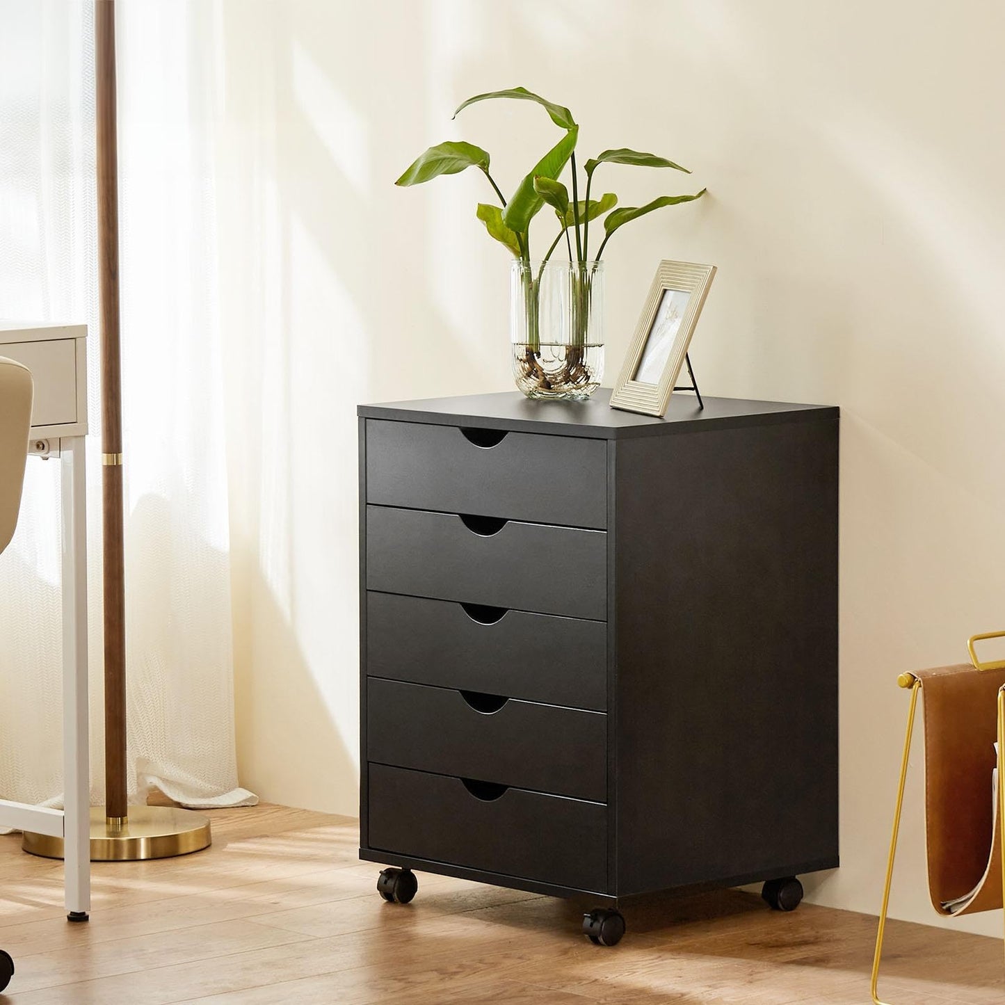Elevon 5 Drawer Chest, Dressers Storage Cabinets Wooden Dresser Mobile Cabinet with Wheels Room Organizer, Small Drawers Wood Organization Furniture for Office, Home,Black