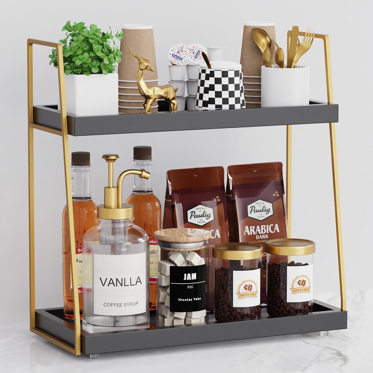 2087 Coffee Bar Accessories, Black Gold Coffee Station Organizer for Countertop Decor, 2 Tier Large Wooden CoffeeBar Shelf for Office, Breakroom, Bathroom