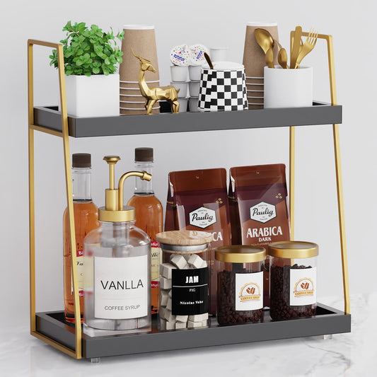 2087 Coffee Bar Accessories, Black Gold Coffee Station Organizer for Countertop Decor, 2 Tier Large Wooden CoffeeBar Shelf for Office, Breakroom, Bathroom