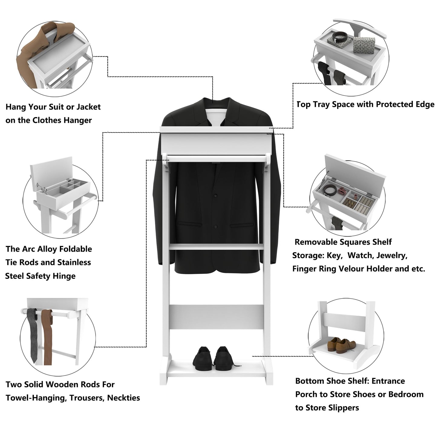 RELAHOGAR Suit Valet Stand for Men, Wooden Mens Valet Stand with Tray Organizer, Shoe Shelf, Hanging Rod & Suit Rack, Freestanding Clothes Rack for Bedroom, Entryway, Office, White