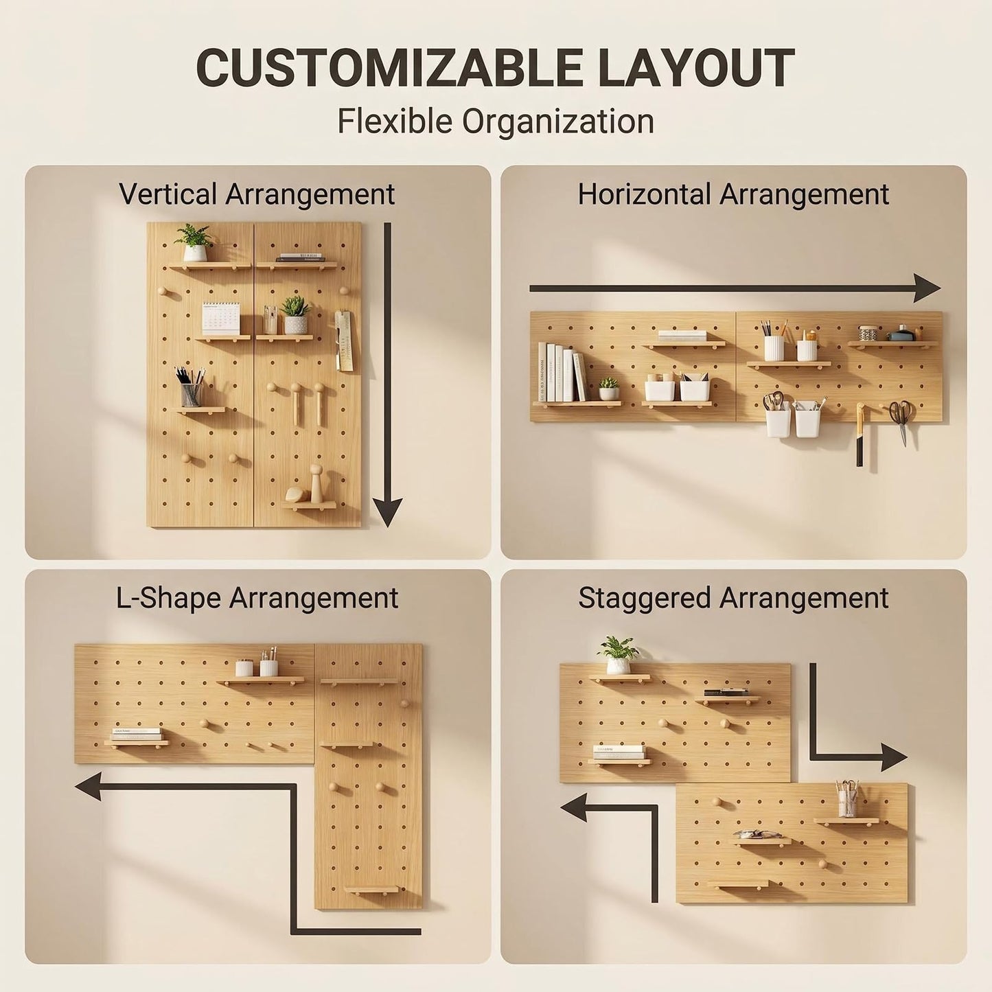Lumiterra Large Wood Pegboard Wall Organizer - Heavy Duty 2-Panel Wooden Peg Board Kit with Shelves, Modular Wall Storage Display for Craft Room, Office, Bedroom