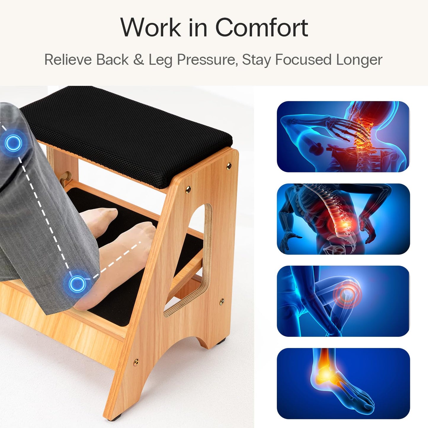 StrongTek Wooden Footrest Set, Adjustable Double-Step Foot Stool + 4" Ergonomic Under Desk Footrest, Cushioned & Non-Slip Design for Posture, Comfort & Circulation, Ideal for Office & Home