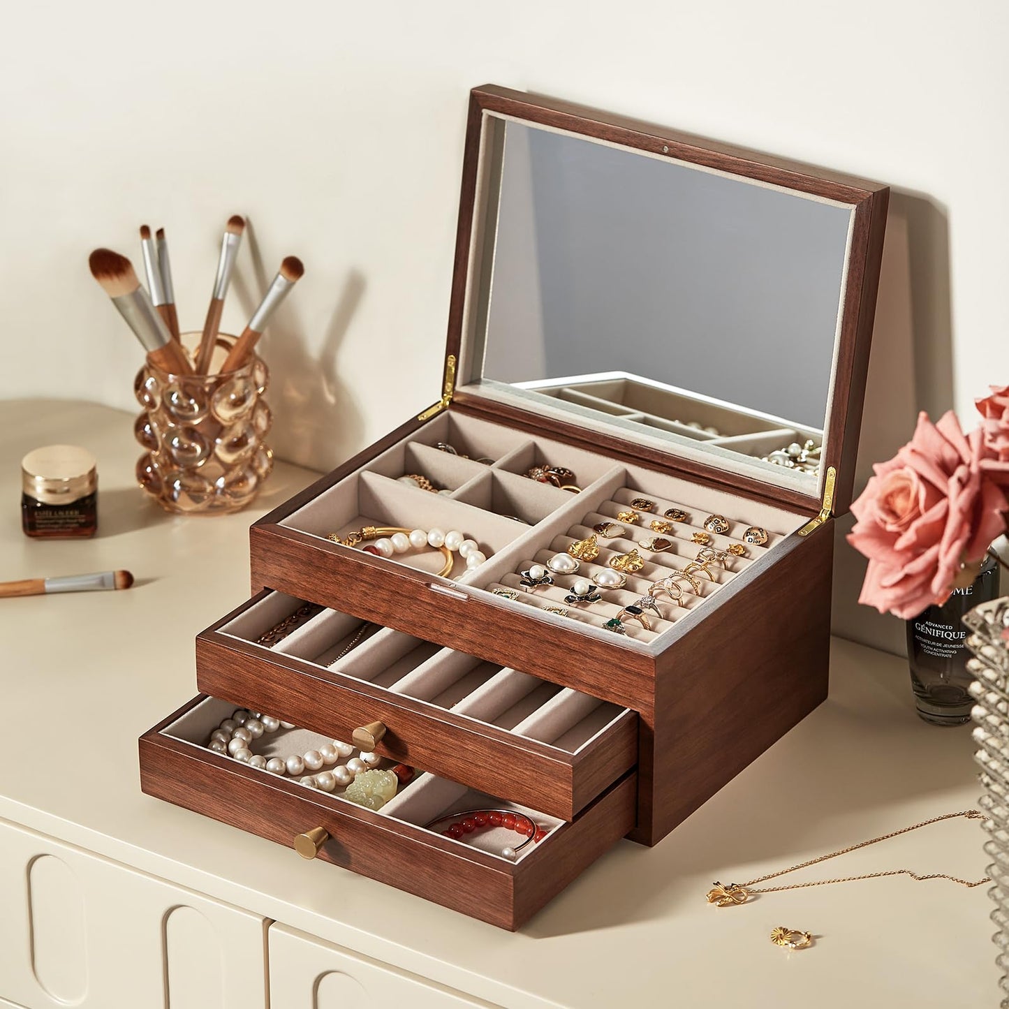 Homruilink Black Walnut Wooden Jewelry Box Women large 3 Layer Drawer Organizer Box with Glass Lid for Necklaces, Watch, Necklace, Ring, Earring Storage, Fathers Day Gift