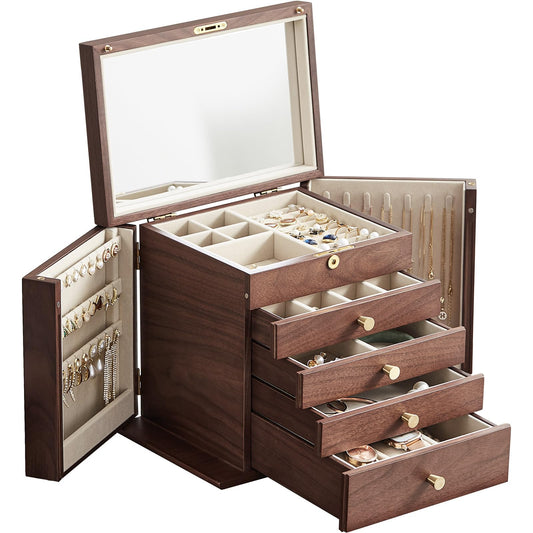 CHOSIN Black Walnut Wooden Jewelry Box for Women with Mirror, 5 Drawers and 2 Side Doors for Watches, Necklaces, Rings, Earrings Storage, Ideal Gift for Her, Fathers Day Gift