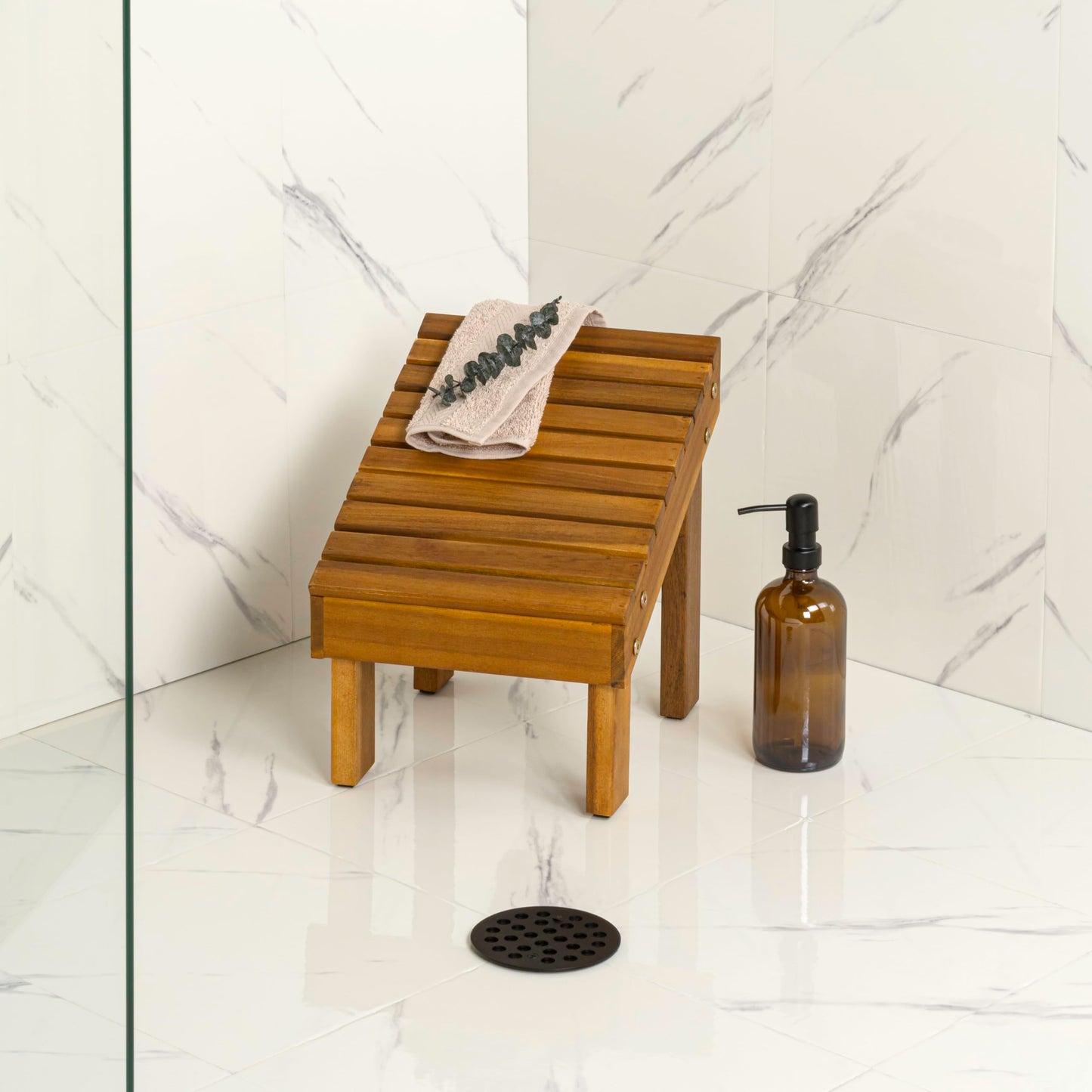JONATHAN Y Saru Solid Acacia Wood Shower Foot Rest for Shaving Legs, 11.8" Minimalist Water-Resistant Slanted Spa Stool for Inside Shower, Natural STL1004A