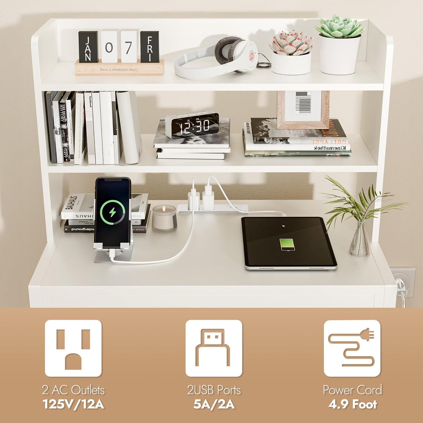 PATAVOT 24 Inch White Nightstand with 2 Drawers & Charging Station