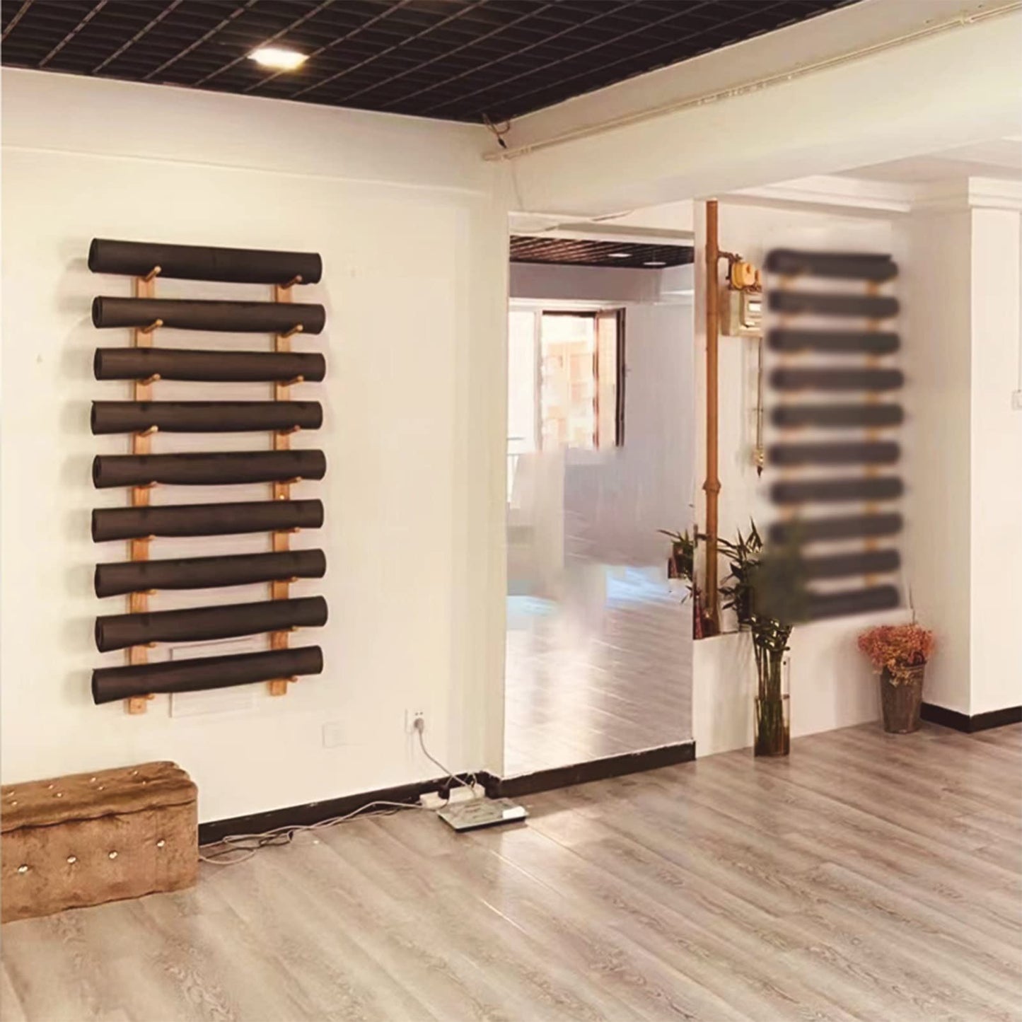 Yoga Mat Holder 9 Layer Wood Yoga Mat Holder for Commercial Gym, Wall Mount Home Yoga Mat Storage Racks for Hanging Exercise Mats, Freestanding Display Shelf