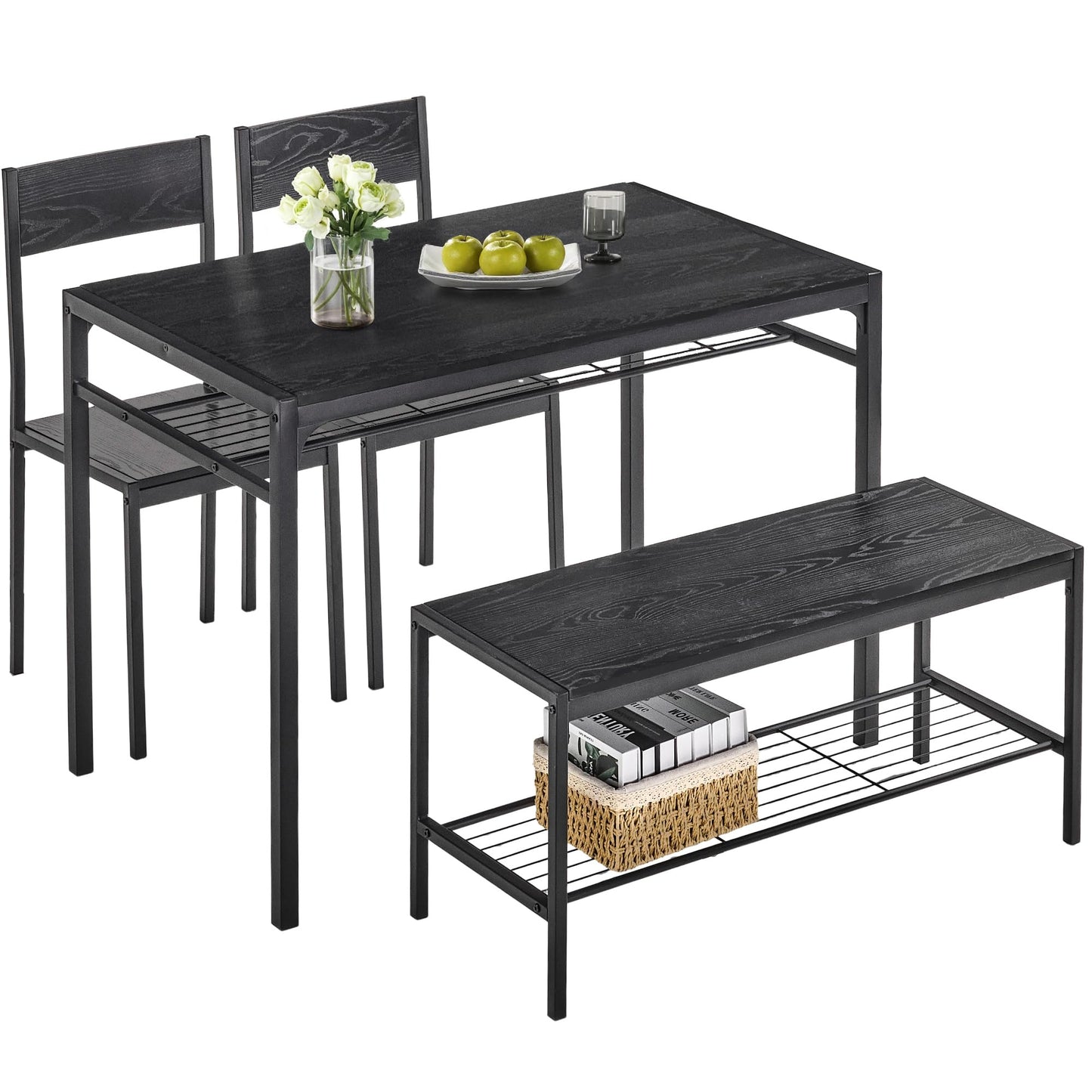 VECELO Kitchen Dining Room Table with 2 Chairs & Bench, Compact Space-Saving Design, Easy Assembly Steel Frame, Perfect for Small Apartments & Breakfast Nooks，Industrial