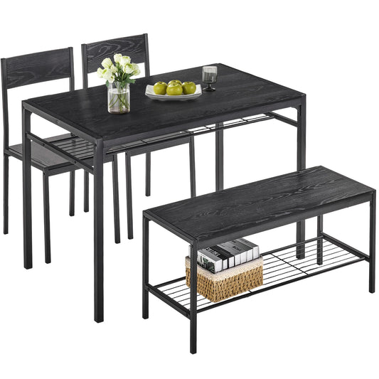 VECELO Kitchen Dining Room Table with 2 Chairs & Bench, Compact Space-Saving Design, Easy Assembly Steel Frame, Perfect for Small Apartments & Breakfast Nooks，Industrial
