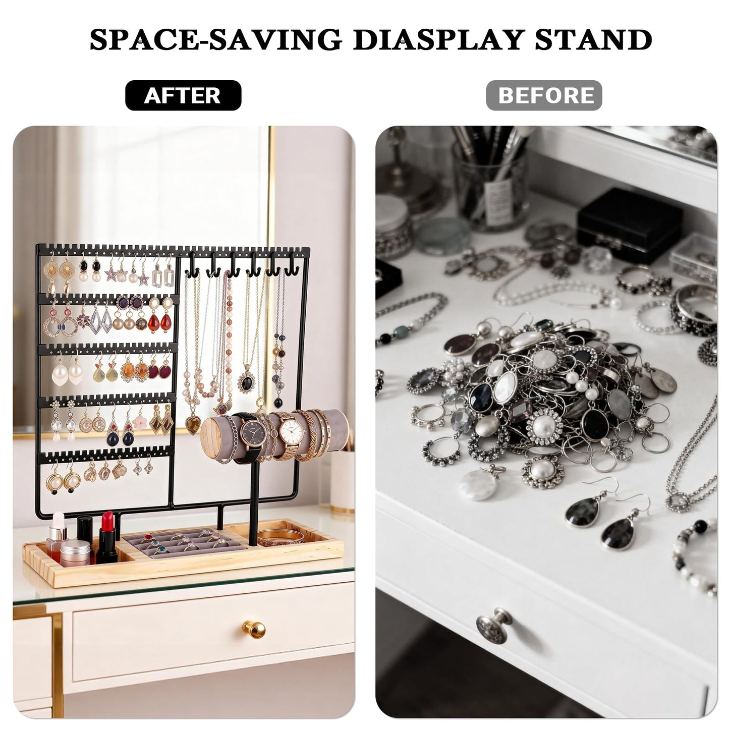 Ciormis 5 Tier Jewelry Holder Organizer, 72 Holes Earring Tree Holder Organizer 12 Hooks Necklace Rack Display Holder with Ring Storage Tray Bracelet Display Holder for Preppy Girl Friend Gift(Black)