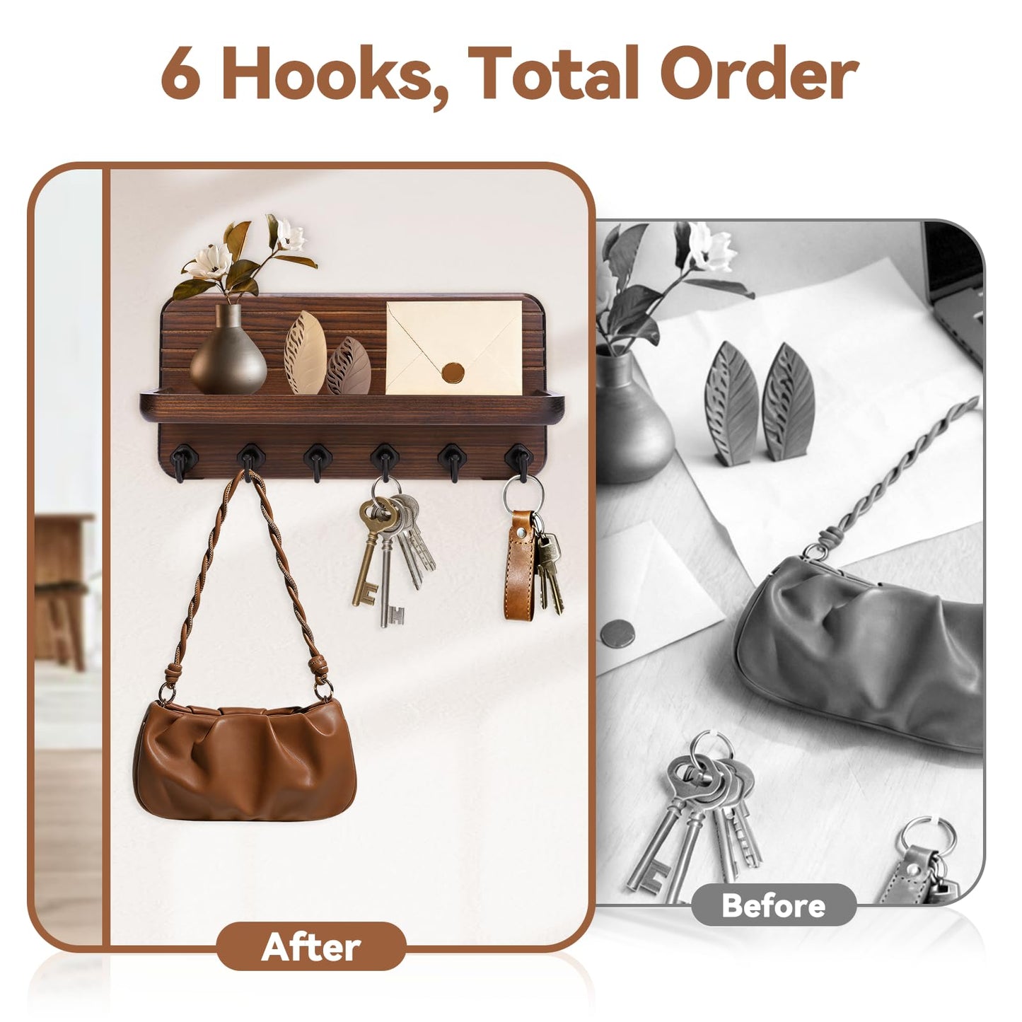 Kldgris Key Holder for Wall, Mail Organizer Wall Mount with 6 Hooks Wooden Hanging Key Rack for Home Decor, Hallway, Entryway (Brown)