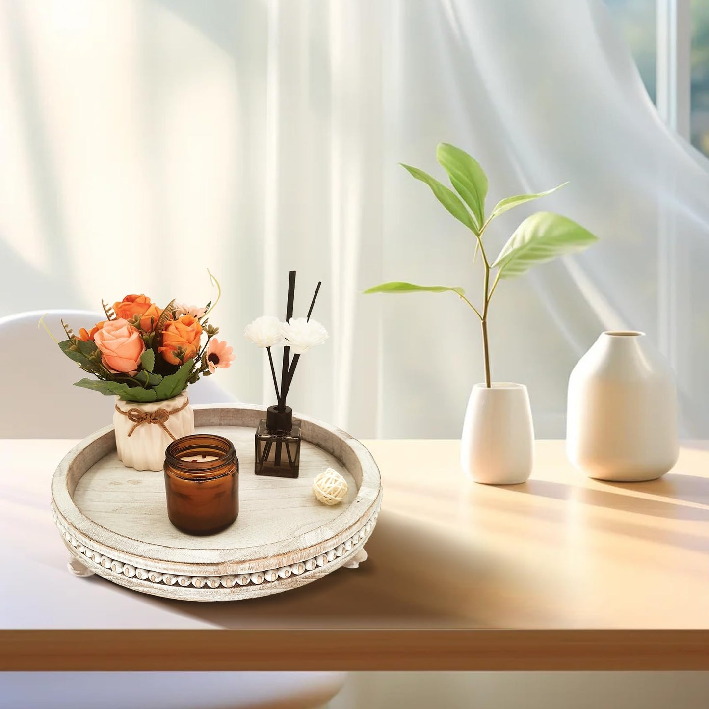 ouosawa Round Wood Tray for Home Decor, Wooden Decorative Tray for Kitchen Counter Coffee Table Centerpiece Living Dining Room Entryway, 12in Round Serving Tray for Wedding Easter Thanksgiving, White