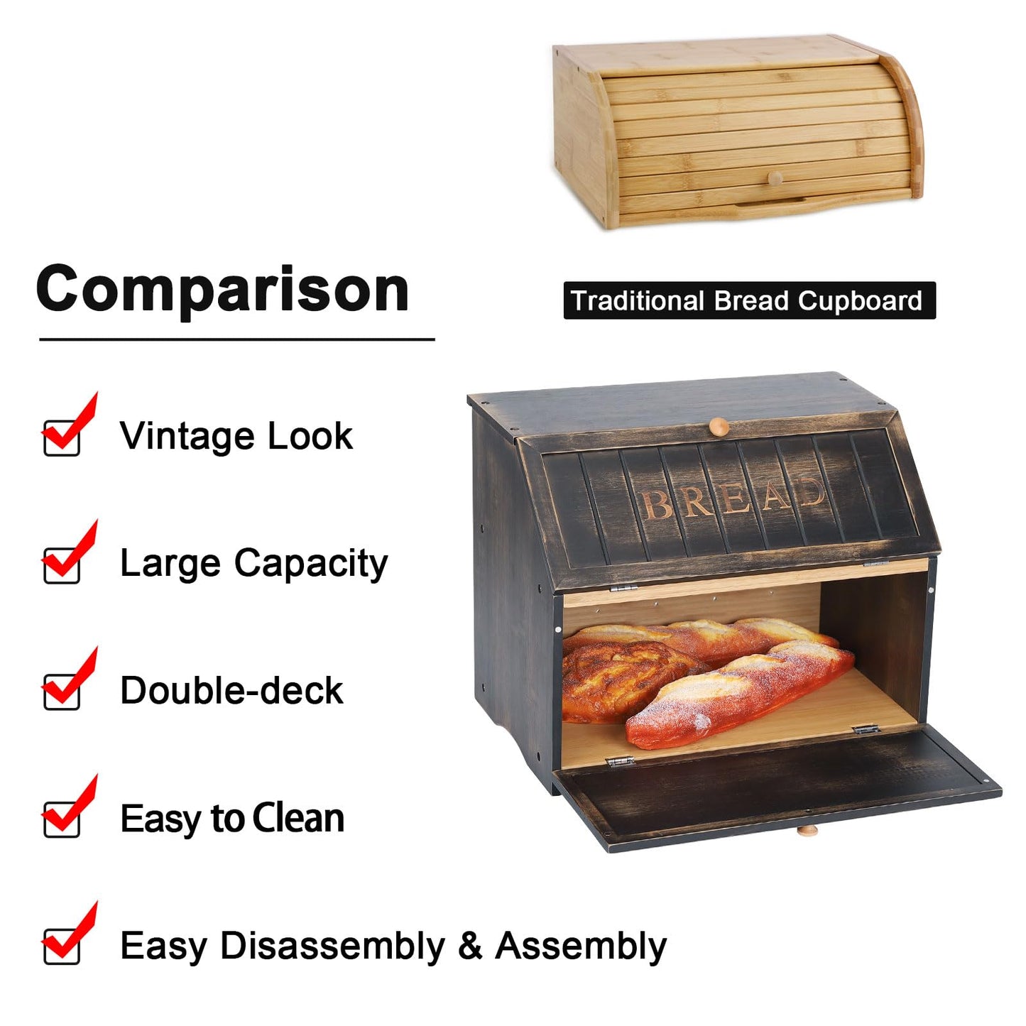HOMEKOKO Double Layer Large Bread Box for Kitchen Counter, Retro Design Wooden Large Capacity Bread Storage Bin (Vintage Black)