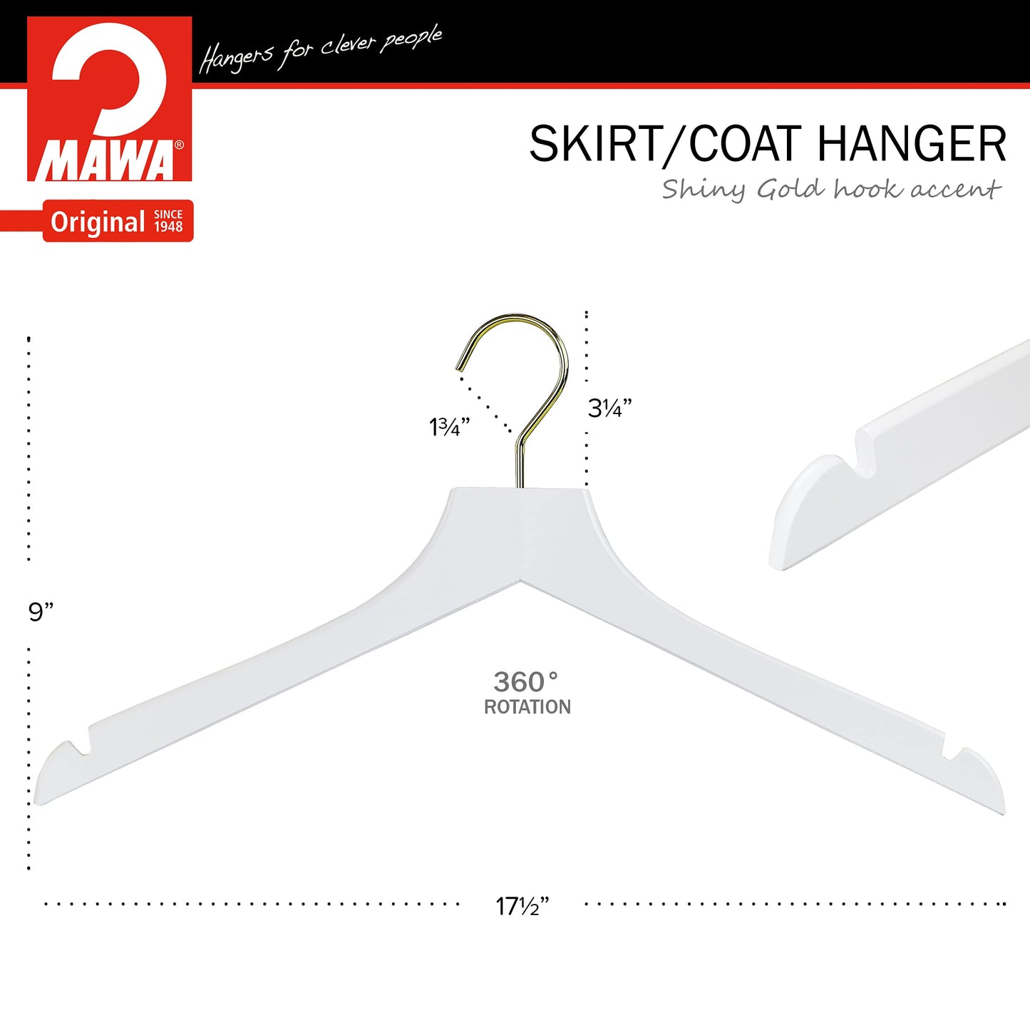 MAWA by Reston Lloyd, European Wooden Hanger, Beech Wood Straight Hanger with Shoulder Notches, Rotating Gold Hook, White Finish, for Shirts, Blazers, Dress Clothes, Set of 5 (27135)