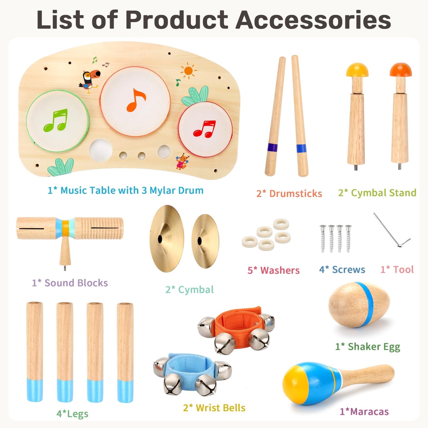 WINGYZ 11-in-1 Toddler Drum Set-Low Noise Wooden Baby Musical Instruments for Toddlers 1-3 & Montessori Musical Toys,Music Table with Bongo Drums, Cymbals, Maracas & Wrist Bells for Early Rhythm Play