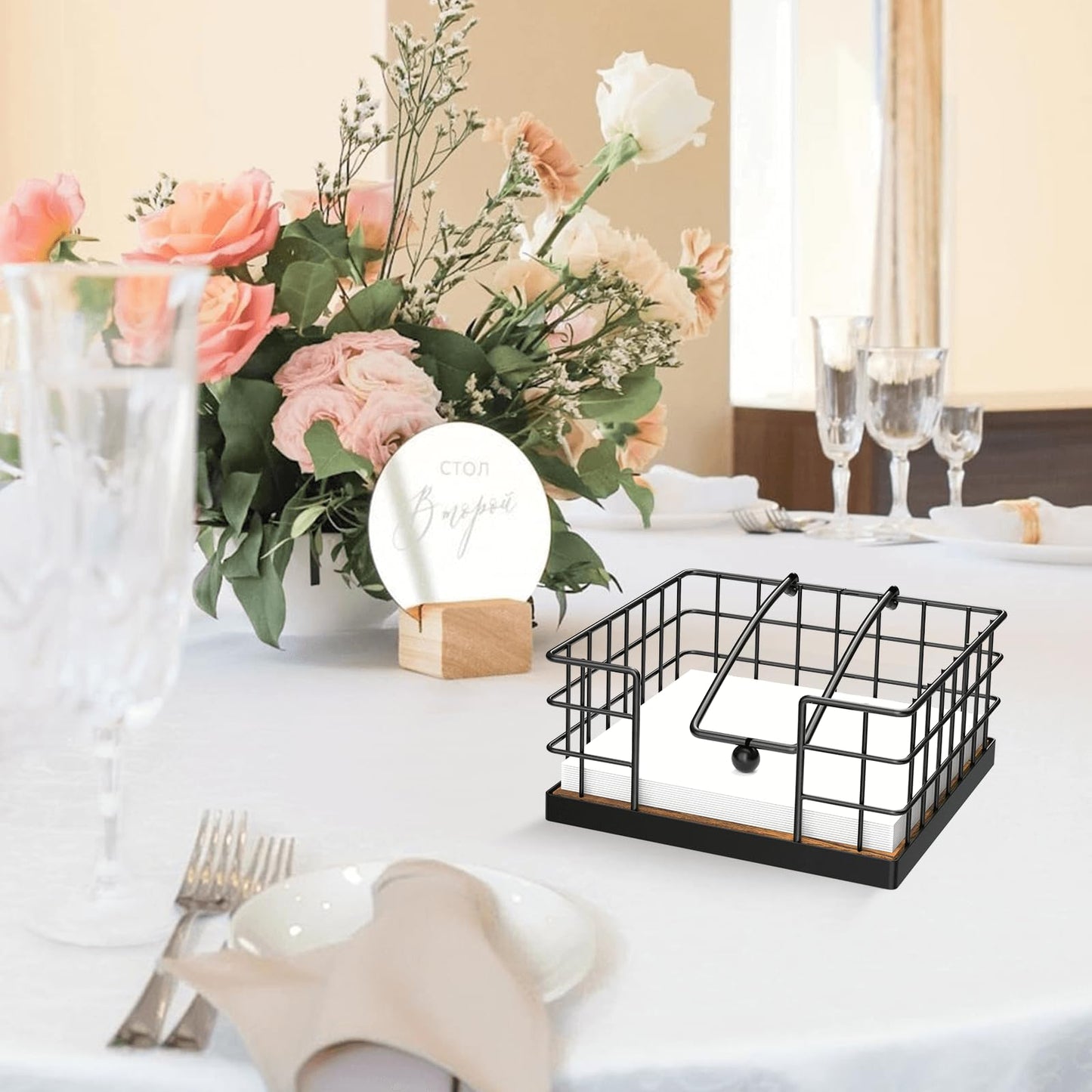 Homode Napkin Holder for Table, Farmhouse Napkin Holders for Paper Napkins, Flat Napkin Basket with Weighted Arm, Wood Kitchen Napkin Dispenser, Rustic Brown and Black