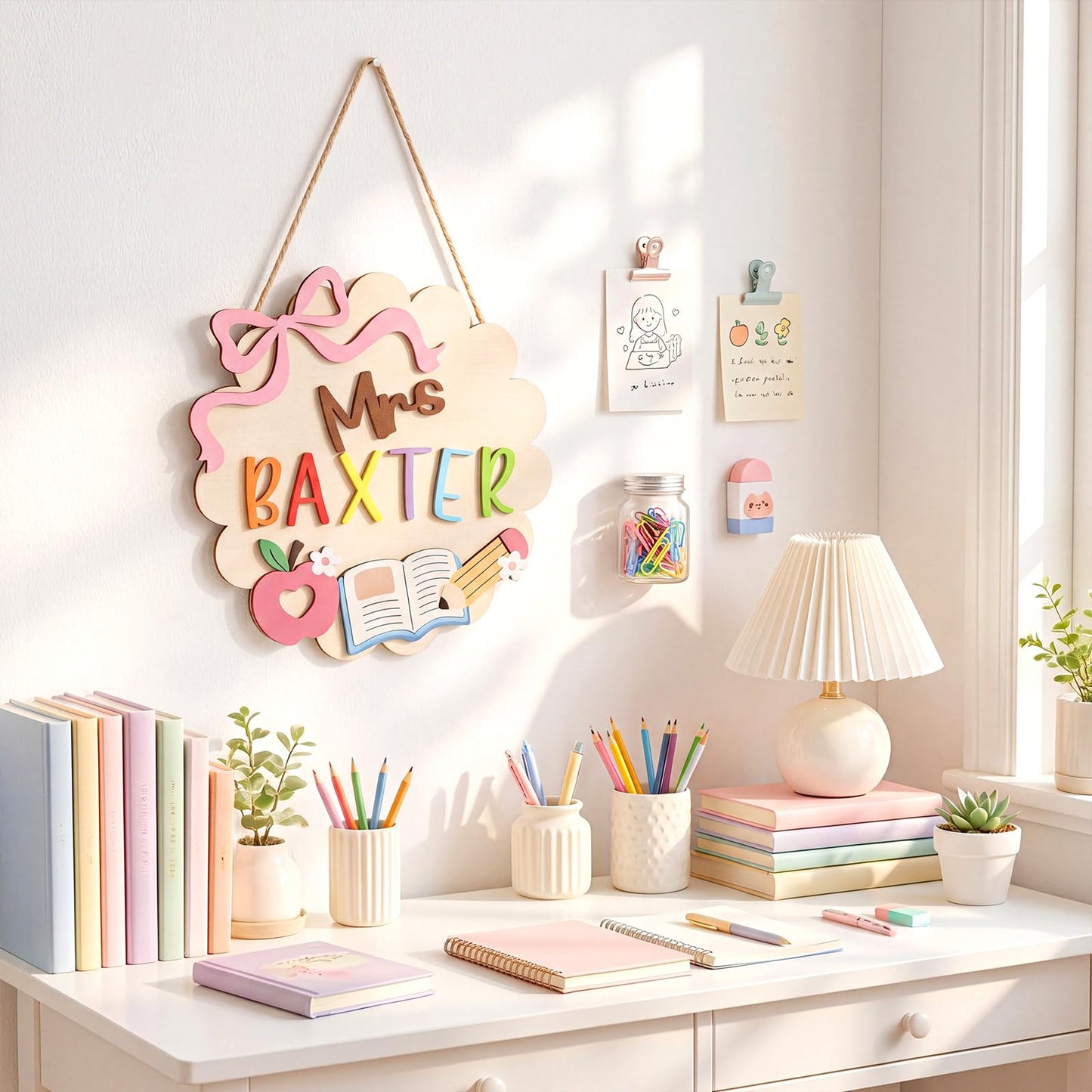 Sliner DIY Teacher Door Sign Classroom Welcome Door Sign DIY Wooden Letter Name Plate with Mr/mrs/miss Personalized Appreciation Teacher Gifts for Back to School Classroom Decor (Bow)