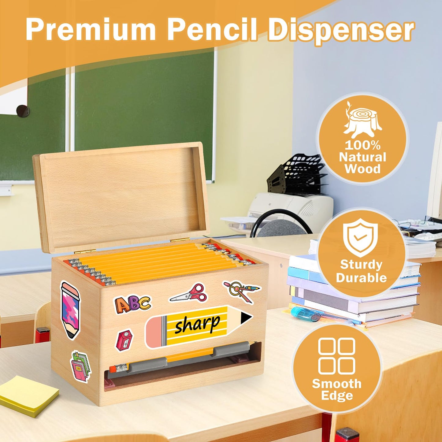 Aigybobo Pencil Dispenser for Classroom, Wooden Pencil Holder for Desk, Teacher Must Haves for Organization and Storage, Pencils Straw Dispenser for Classroom Office Kitchen Restaurant