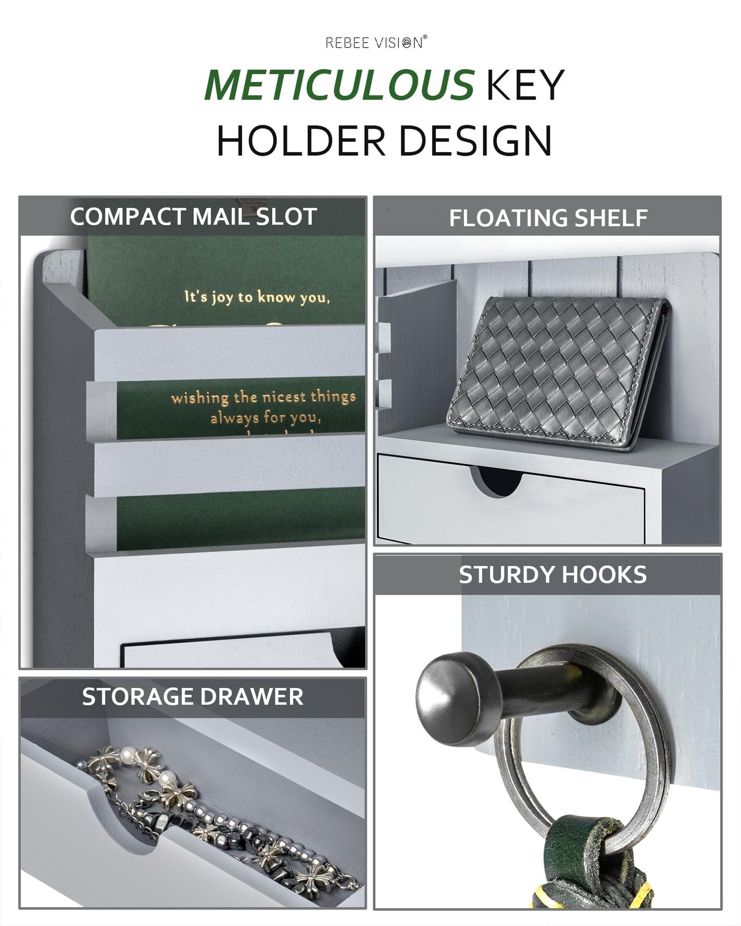 Rebee Vision Decorative Key Holder Wall Mount for Aesthetic Room Decor - Stylish Mail Holder for Wall with 2 Drawer Organizer and 6 Key Hooks - Modern Apartment Essentials (Gray)
