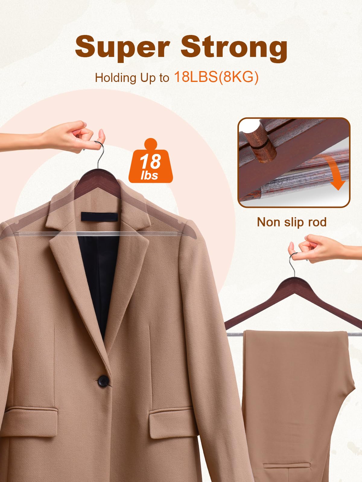 HOUSE DAY Cherry Wooden Hangers 30 Pack, Solid Wood Hanger with Non Slip Pant Bar, Heavy Duty Wooden Coat Hanger for Closet, Smooth Finish Wood Clothes Hangers for Shirts, Suits, Jackets, Dress