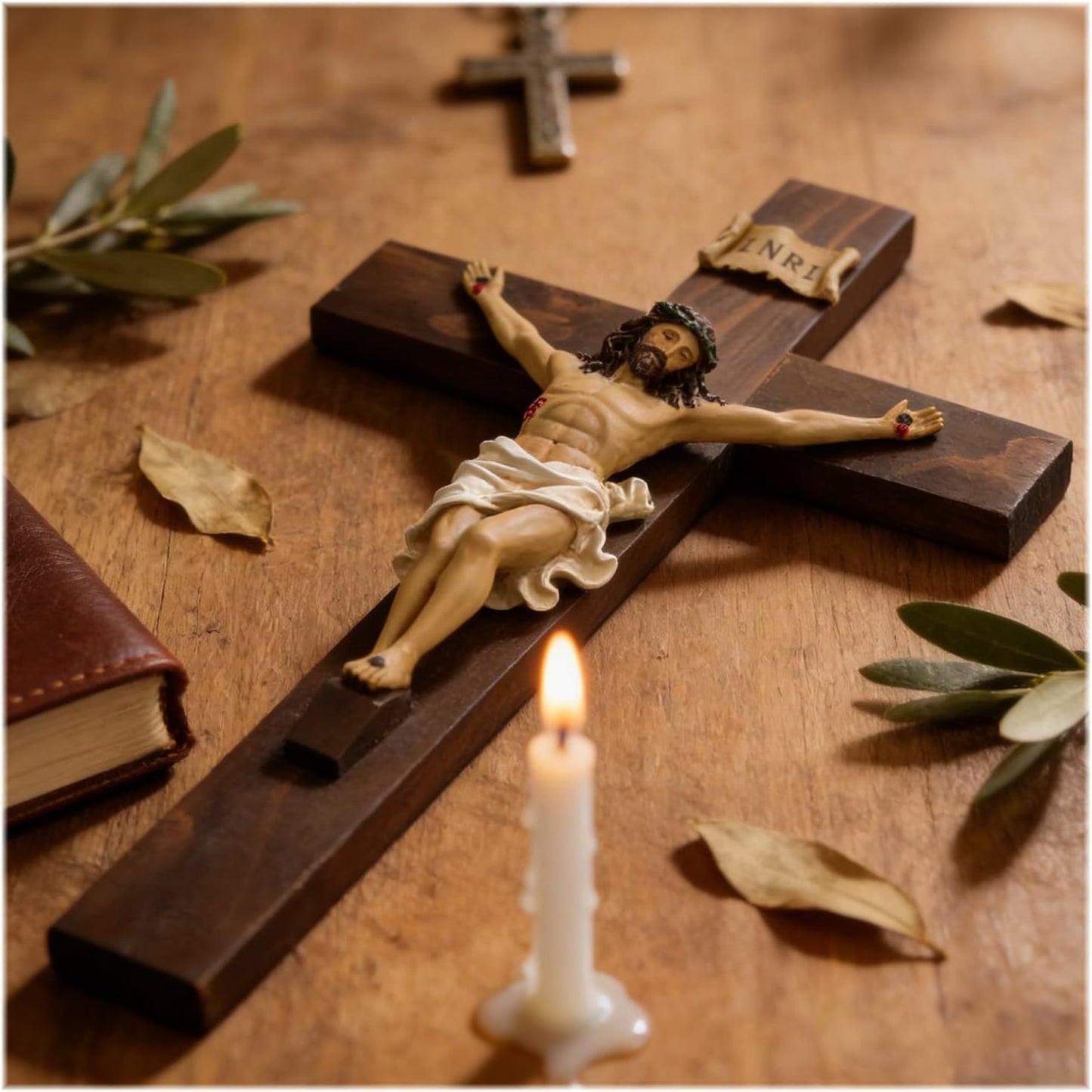 ENNAS Large Wall Crucifix with Resin Jesus Figurine 19 Inch Wooden Cross with Metal Hook Handcrafted Religious Wall Decor for Home, Church, or Prayer Room Christian Catholic Gift