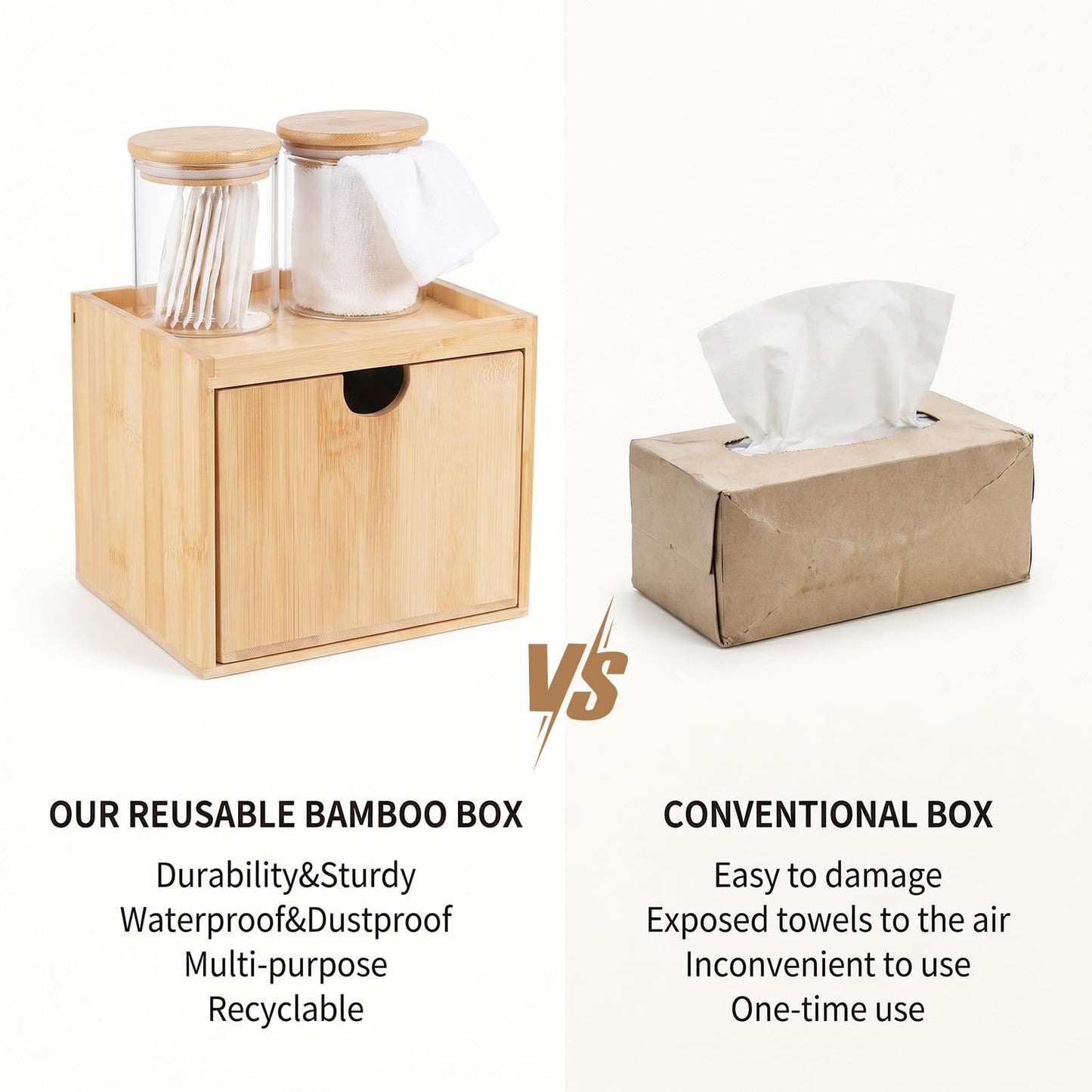 Bamboo Disposable Face Towel Holder Bamboo Towel Container Facial Towels-Container Box with Drawer Wooden Clean Towels XL-Containers with Drawer for Bathroom, Makeup Remover
