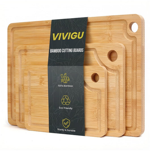 VIVIGU Bamboo Cutting Boards for Kitchen, 3-Piece Wood Cutting Board with Juice Grooves, Durable Wooden Chopping Boards Set for Meal Prep, Meat, Vegetables, Fruits, Serving, Kitchen Essentials