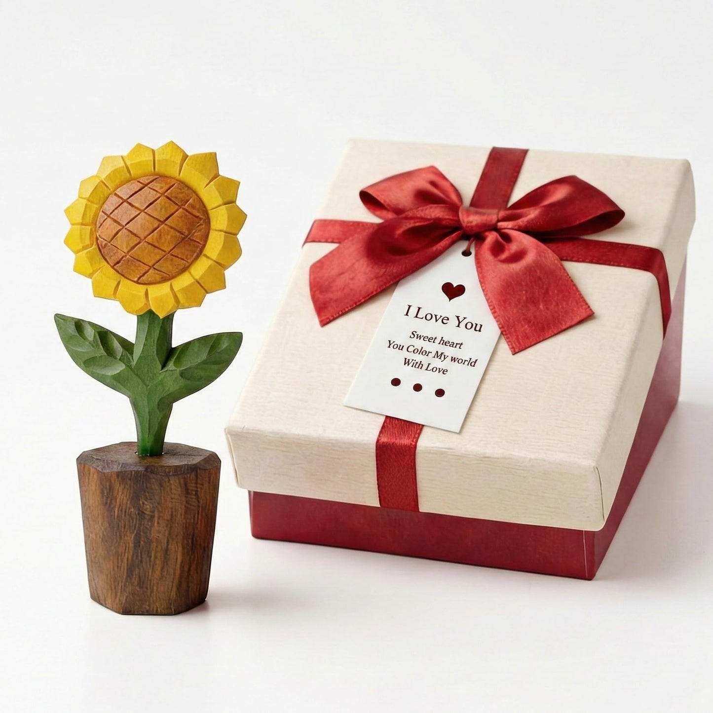 WOODEN ISLANDS Hand-Carved Wooden Sunflower Figurine, 5-Inch Solid Wood Flower Statue for Rustic Farmhouse Home Shelf Decor & Office Desk Accessories, Includes Gift Box Packaging