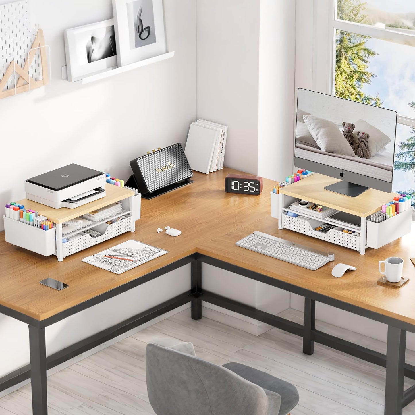 Gugsey Wood Metal Monitor Stand Riser, Laptop Stand for Desk, Office Desk Organizer and Accessories, Computer Desktop Shelf with Drawer and Pen Holder, Printer Stand for Home, Office, Dorm (Natural Wood)