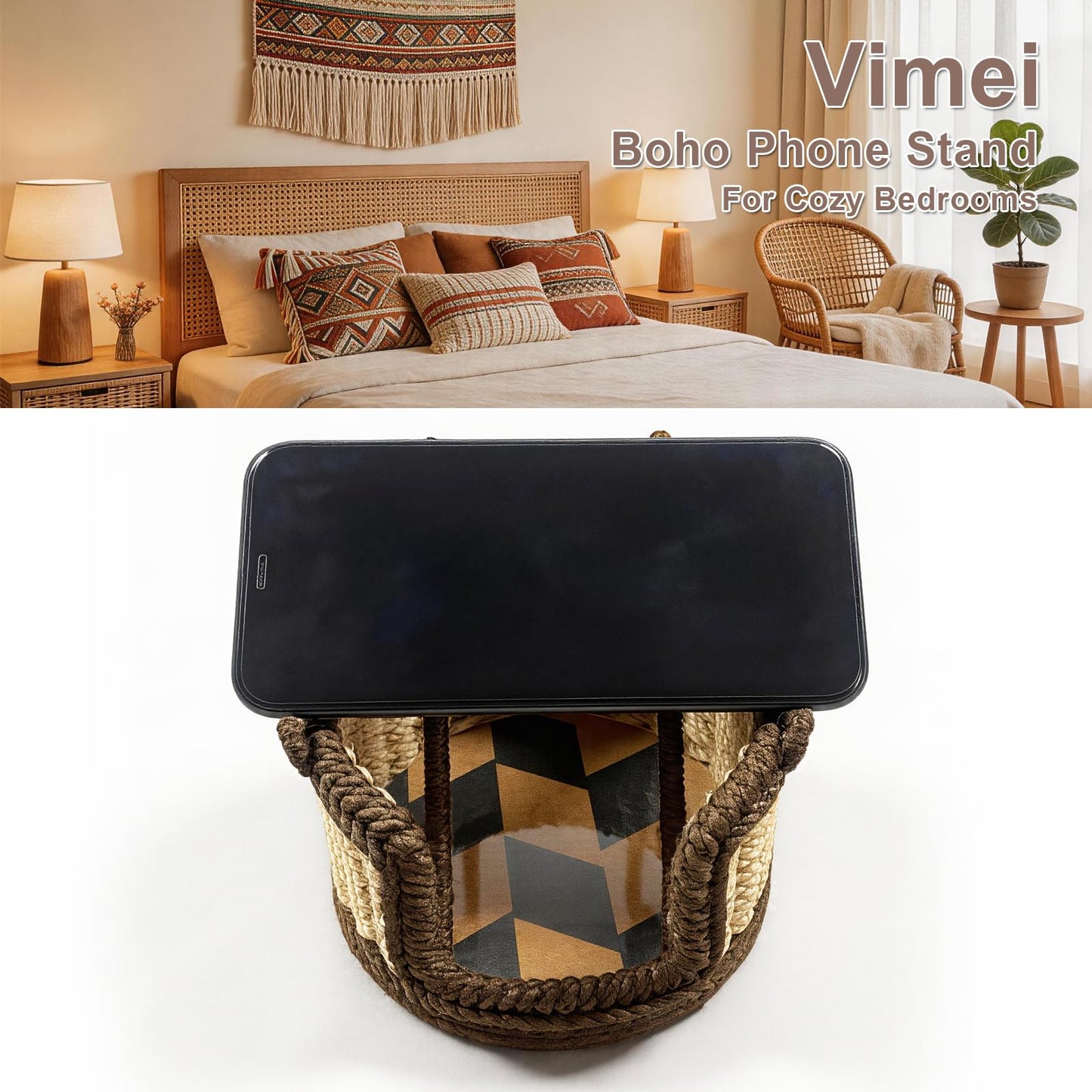 Vimei Handwoven Hemp Rope Phone Stand, Boho Desktop Holder