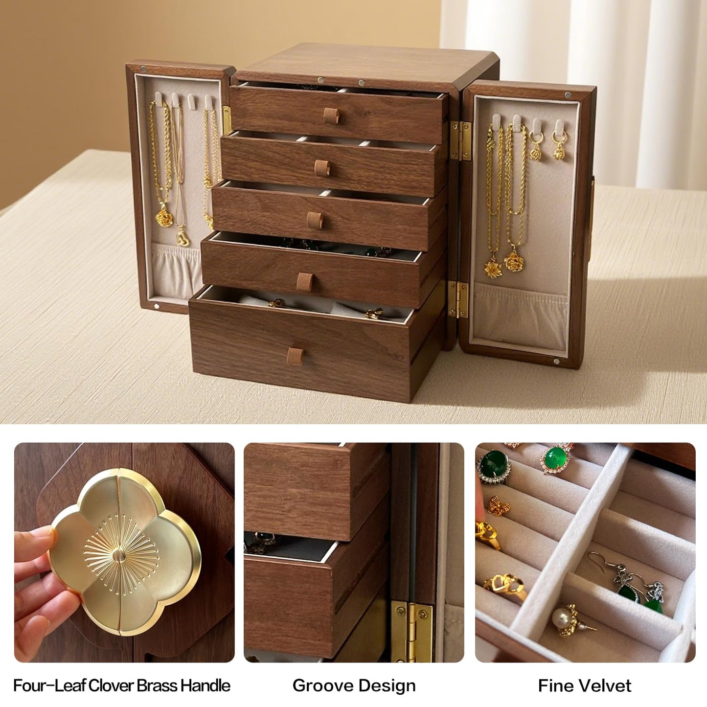Luxury Black Walnut Jewelry Box for Women, 5-Layer Wooden Organizer , Dustproof Velvet Lined Storage for Watches, Necklaces, Rings, Earrings - Gift for Wife, Mom, Bride, Valentine's Day, Anniversary
