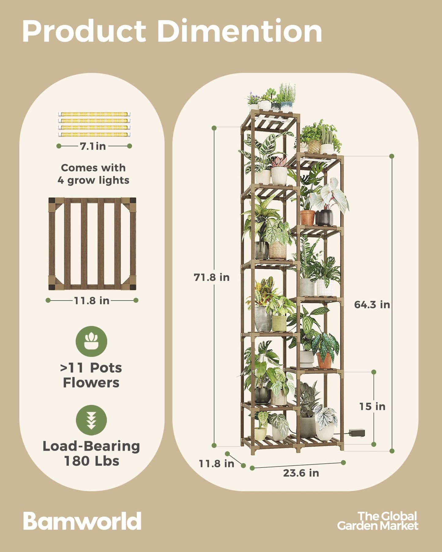 Bamworld Plant Stand with Grow Lights Indoor Outdoor 11 Tier Tall Large Wood Plant Shelf Multi Tier Flower Stands Garden Shelves Wooden Plant Display Holder Rack for Living Room Corner