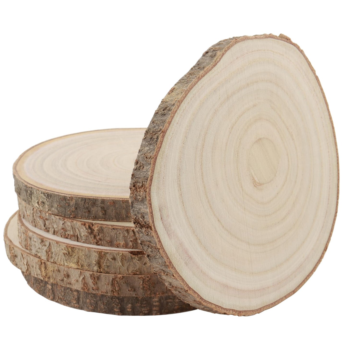KINJOEK 6PCS 9-10 Inch Large Natural Wood Slices with Bark, Unfinished Wooden Table Coasters Circles, Blank Round Wood Ornaments Slice Bulk for Centerpieces DIY Craft Wedding Party Christmas Decor