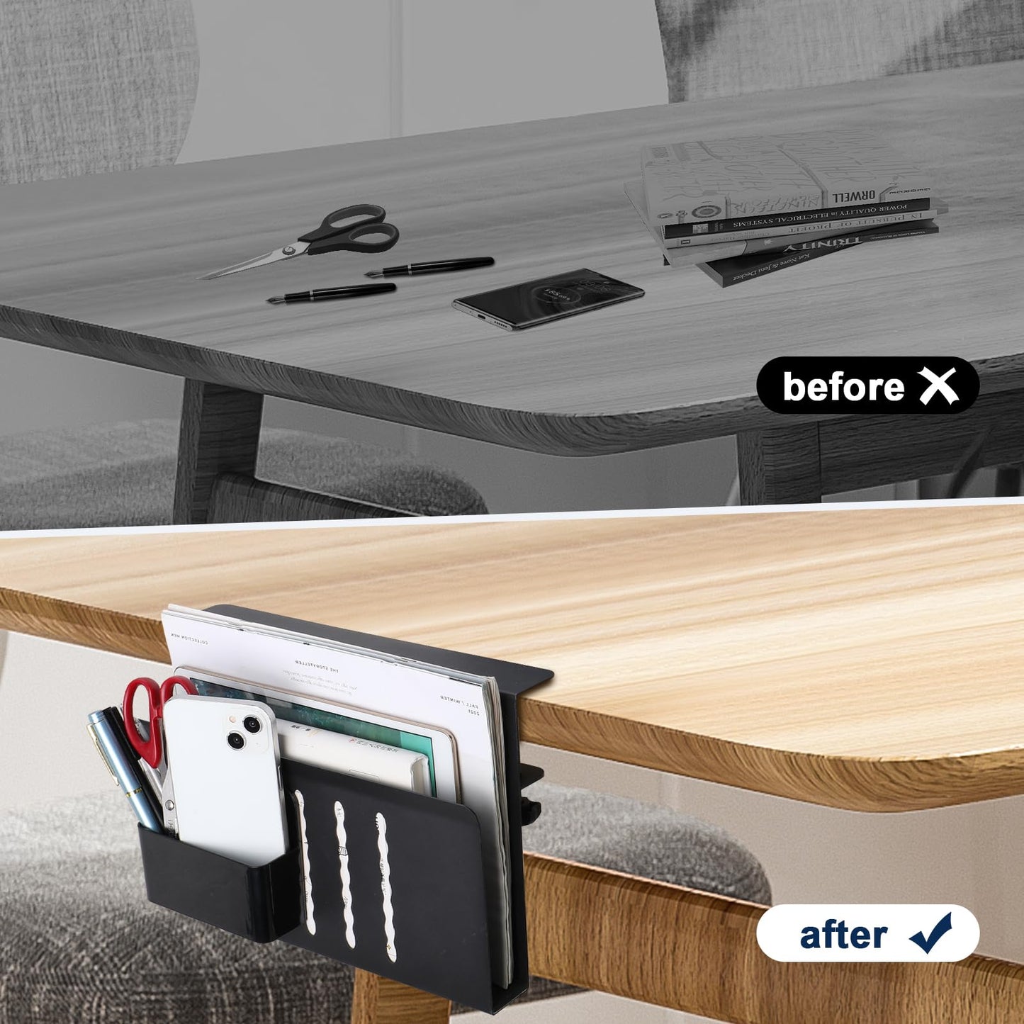 osseph Desk Side Storage Organizer, Under Desk Laptop Holder with Magnetic Pen Holder, No Drill Hanging Desk Caddy for Office & Home, Clamp On Desk Shelf for Tablet, Files, Accessories (Black)
