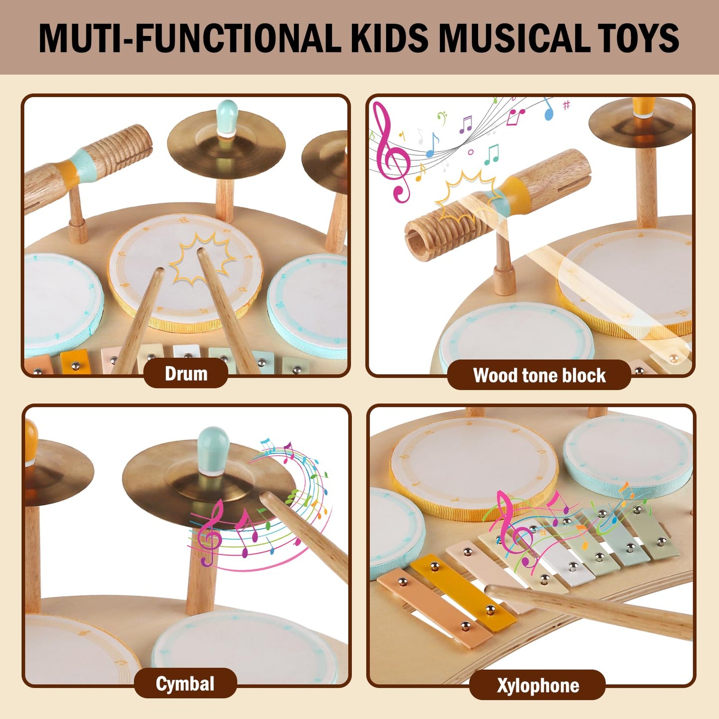 Toddlers Drum Set Toys for Toddlers 2-3,Baby Drum with Xylophone,Musical Instruments Toy, Kids Wooden Montessori Toys Birthday Gift for 18+ Months Boys Girls