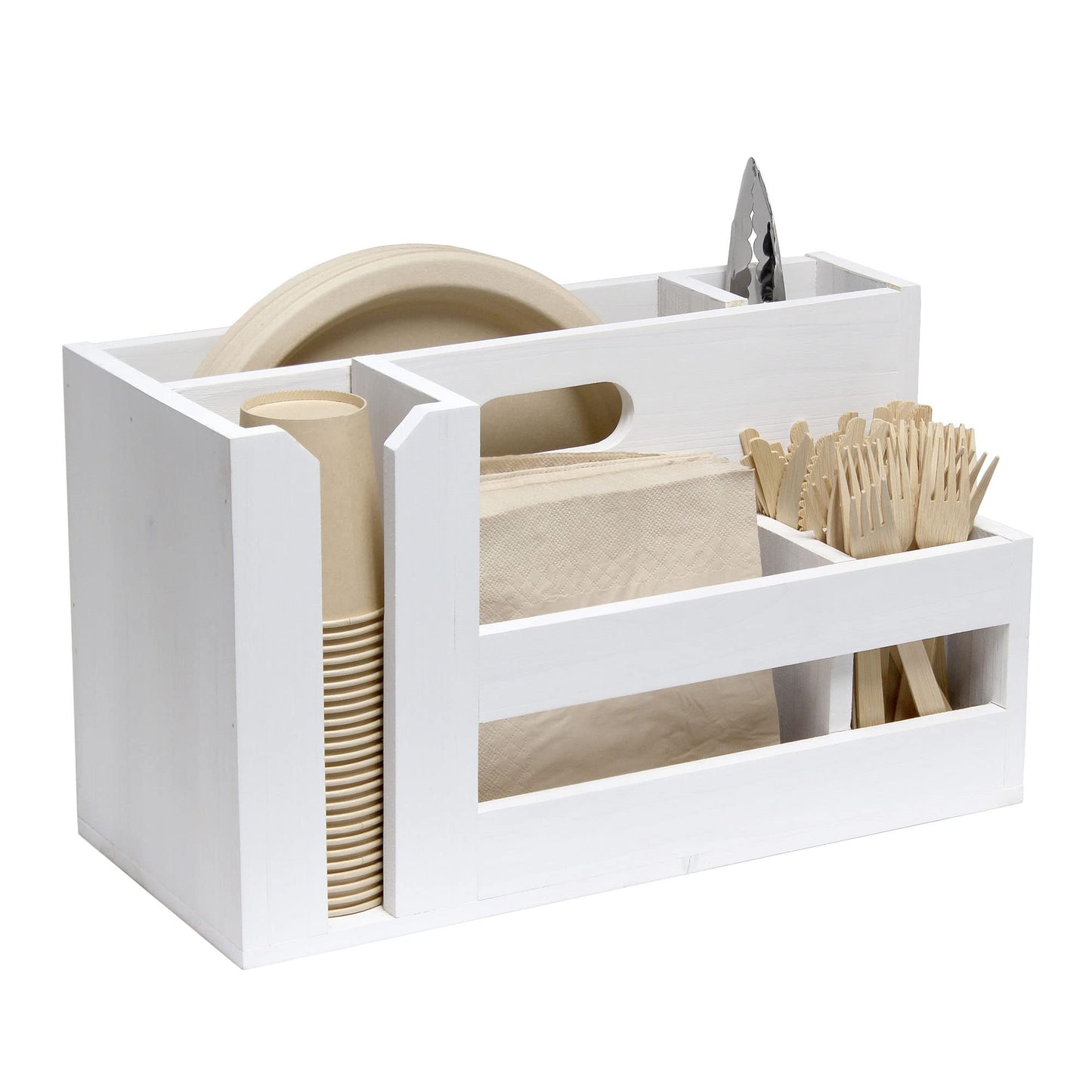 Elegant Designs HG2033-WHT Pantry Picks Farmhouse Wooden Flatware & Utensils Caddy Condiment Organizer w Cutout Handle & Compartments for Kitchen Décor Countertop Breakfast BBQ Events Picnic, Wht Wash