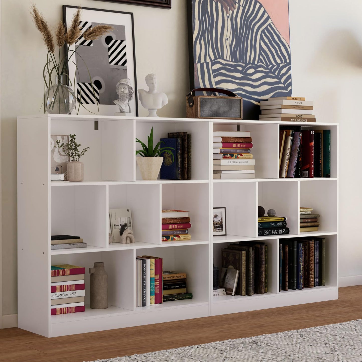 NewBeth 7-Cube Wooden Bookcase,3-Tier Freestanding Storage Cubes with Base,Multi-Purpose Open Shelving for Books,Toys,Bins,Decor – Home Office,Bedroom,Living Room Organizer (White, 7-Cube)