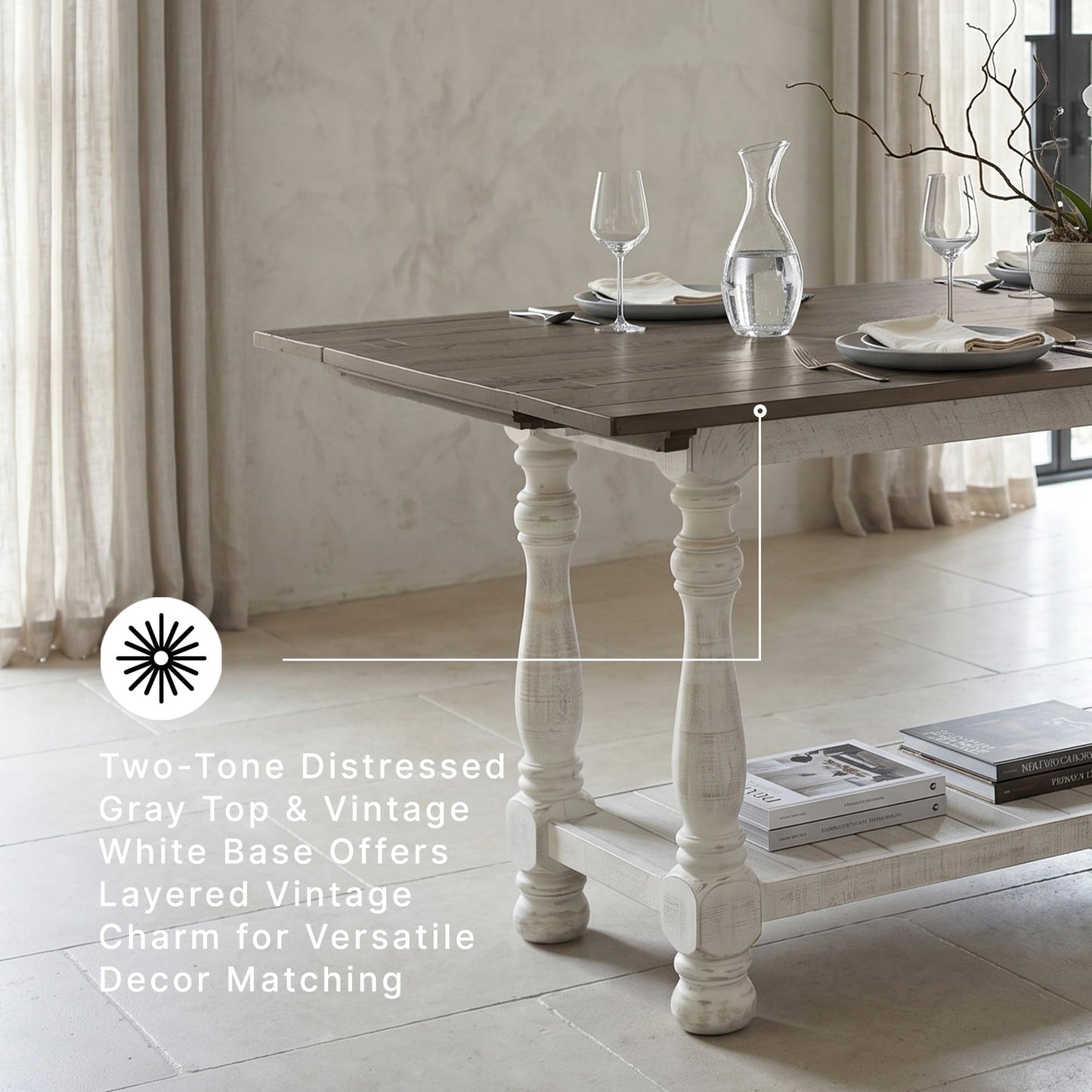 Signature Design by Ashley Havalance Farmhouse Sofa Table, Flip Top Design for Additional Dining Space and Fixed Lower Shelf, Gray & White with Weathered Finish