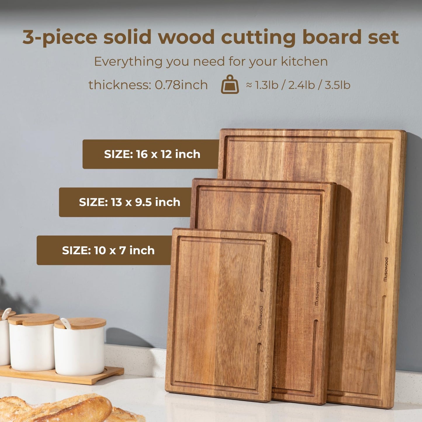 muso wood Solid Wood Cutting Board 3-Piece Set Kitchen Acacia Wood Cutting Board with Stand 0.8-inch Thick Wooden Cutting Board with Juice Groove Ideal for Chopping Vegetables and Serving Food