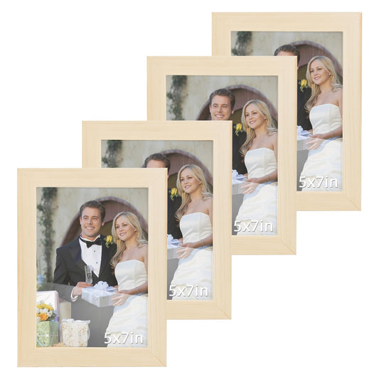 DOBVDLA 5x7 Picture Frame Set of 4, High Definition Glass for 5 x 7 Natural Solid Wooden Frames, Wall and Tabletop Display Thin Border Photo Frame Vertical or Horizontal Wall Hanging for Home Décor