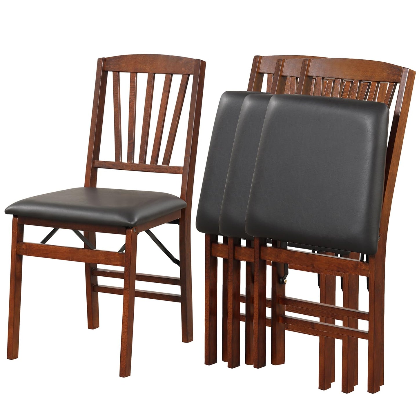 COSTWAY Folding Dining Chairs Set of 4, Upholstered Wooden Dining Room Chairs with PVC Padded Seat, Solid Wood Frame and 400LBS Capacity for Kitchen Apartment (Black & Brown)