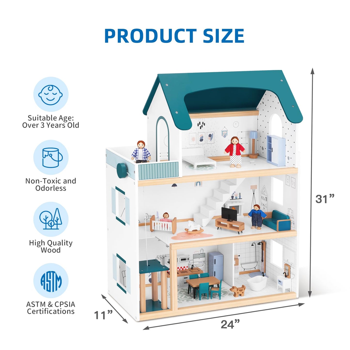 OOOK Wooden Dollhouse with Liftable Elevator - 2.6 Feet High Modern Doll House for Kids Toddlers - Including 21 Furniture Pieces, 4 Family Dolls, and 1 pet